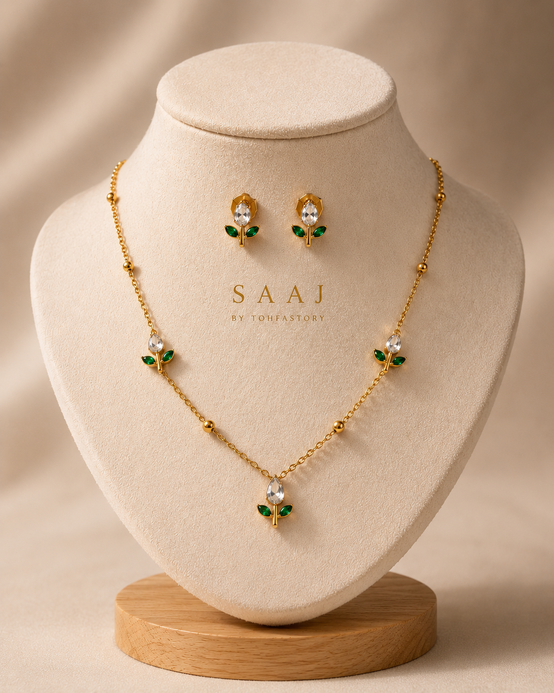 Emerald Bloom Necklace & Earrings Set for Women | SAAJ by TohfaStory