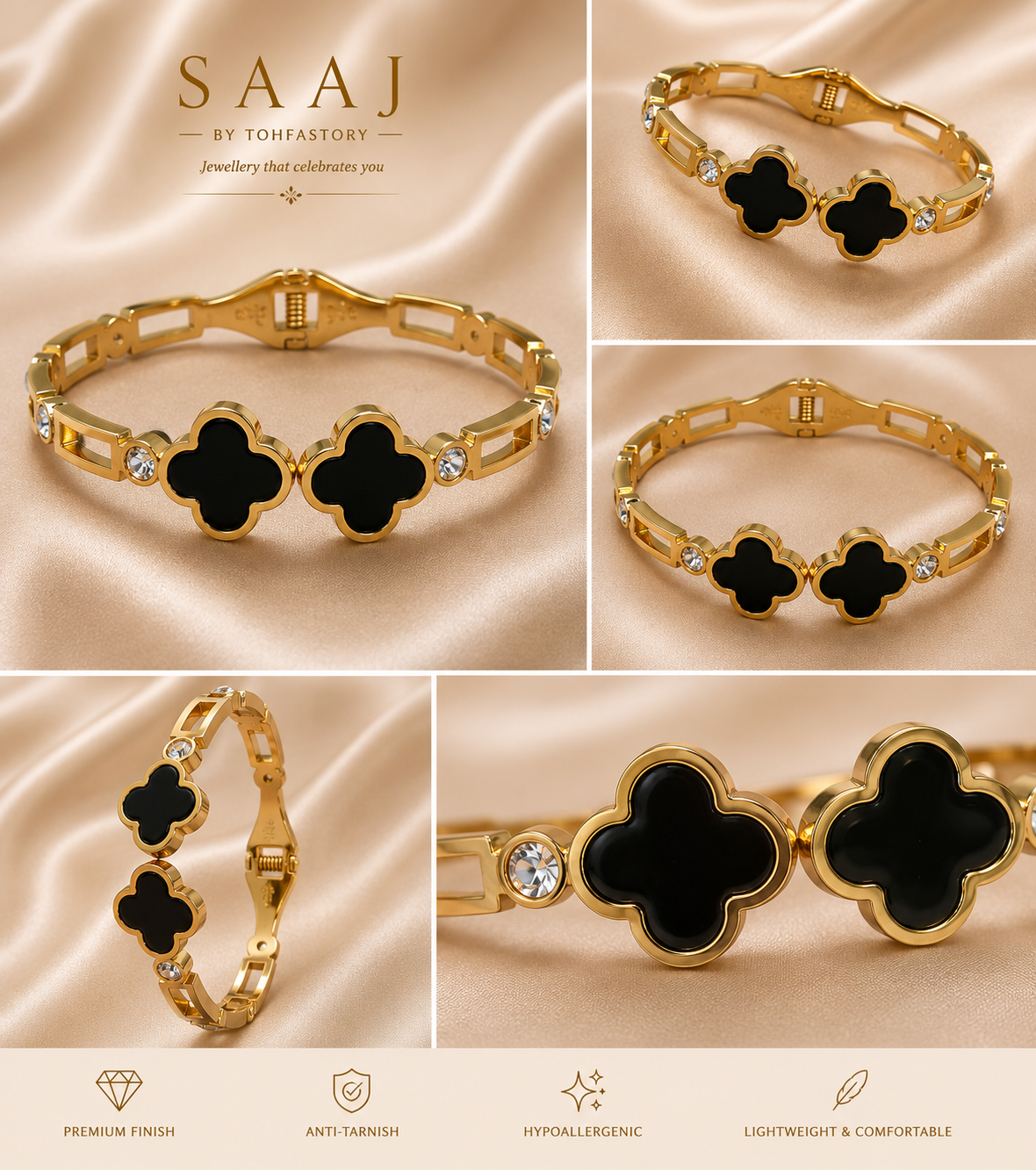 Black Clover Gold Kada Bracelet for Women | SAAJ by TohfaStory