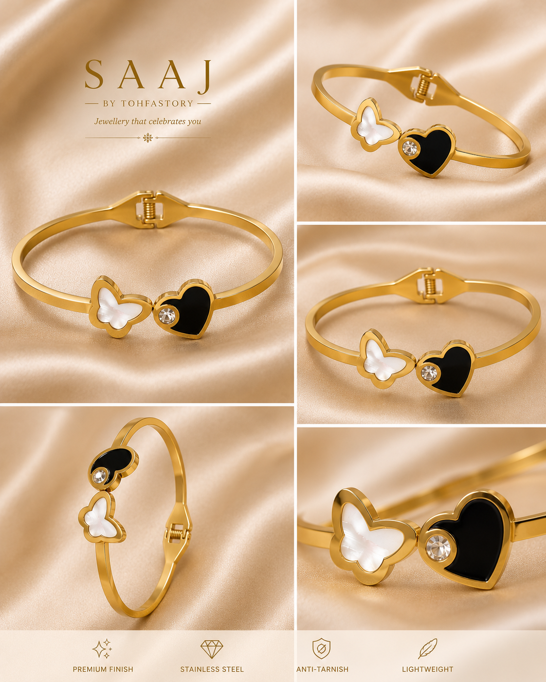 Butterfly Heart Gold Kada Bracelet for Women | SAAJ by TohfaStory