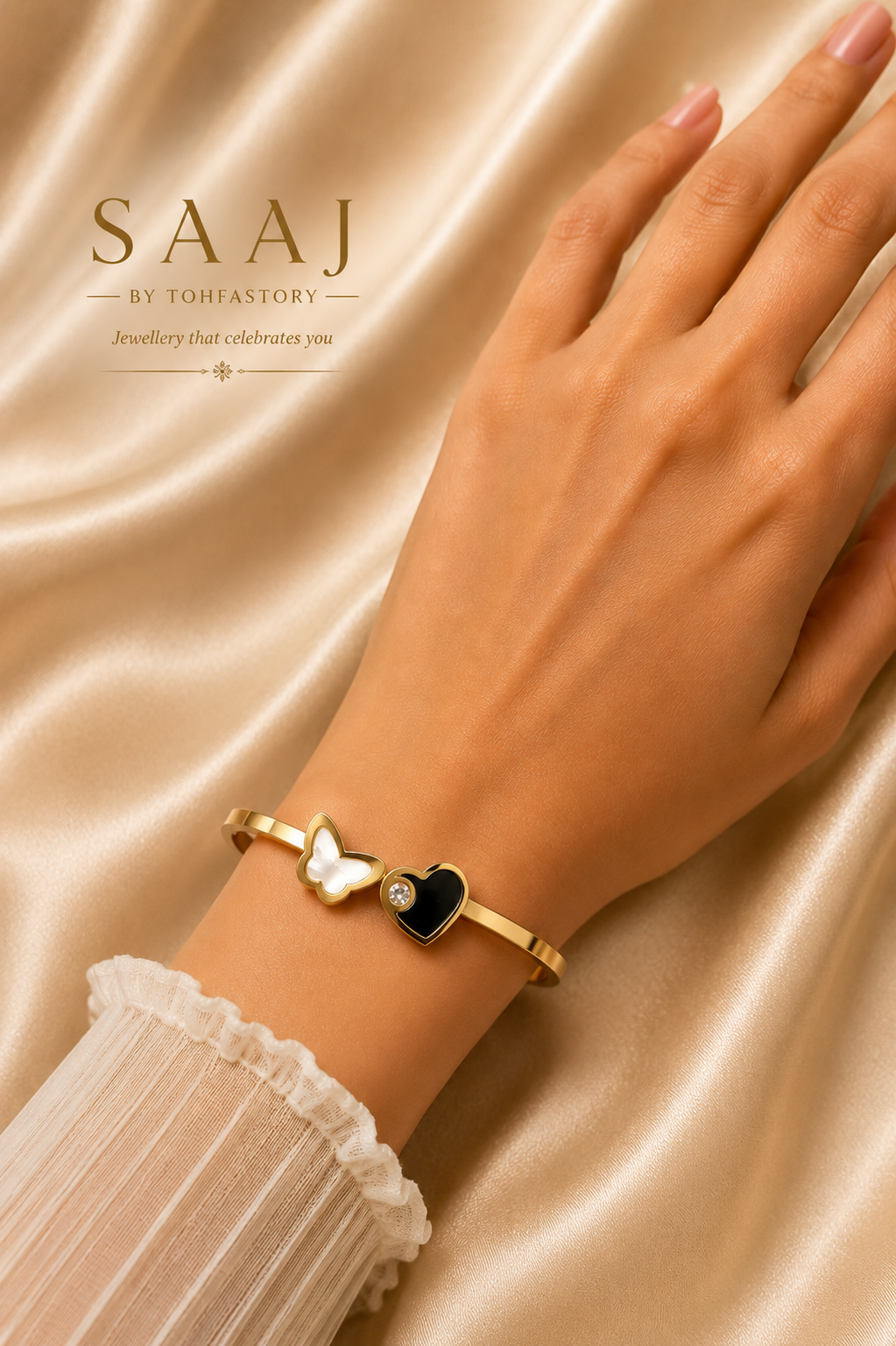 Butterfly Heart Gold Kada Bracelet for Women | SAAJ by TohfaStory