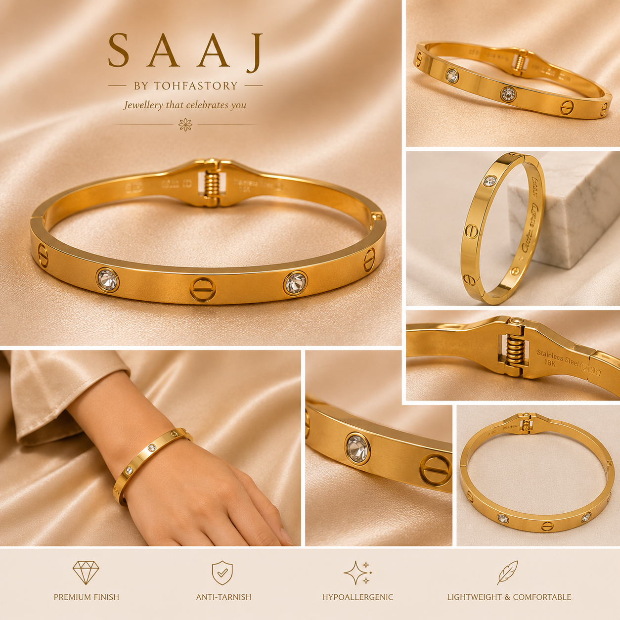 Crystal Luxe Screw Gold bracelet for Women | SAAJ by TohfaStory