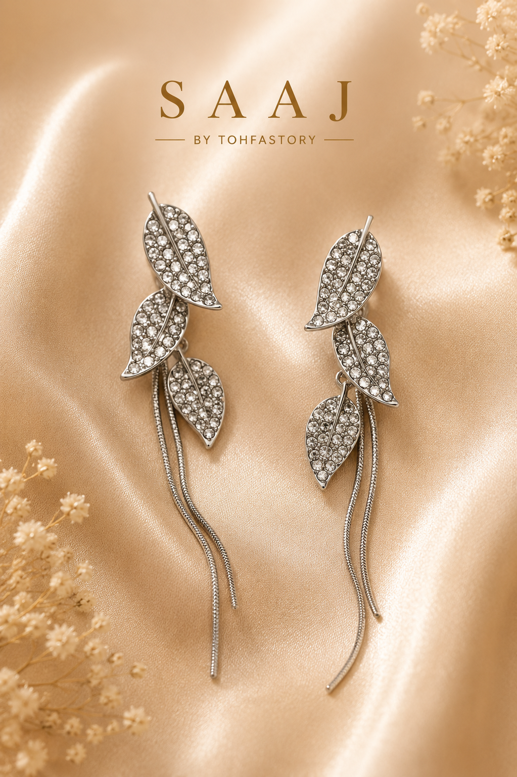 Silver Leaf Crystal Cascade Earrings for Women | SAAJ by TohfaStory