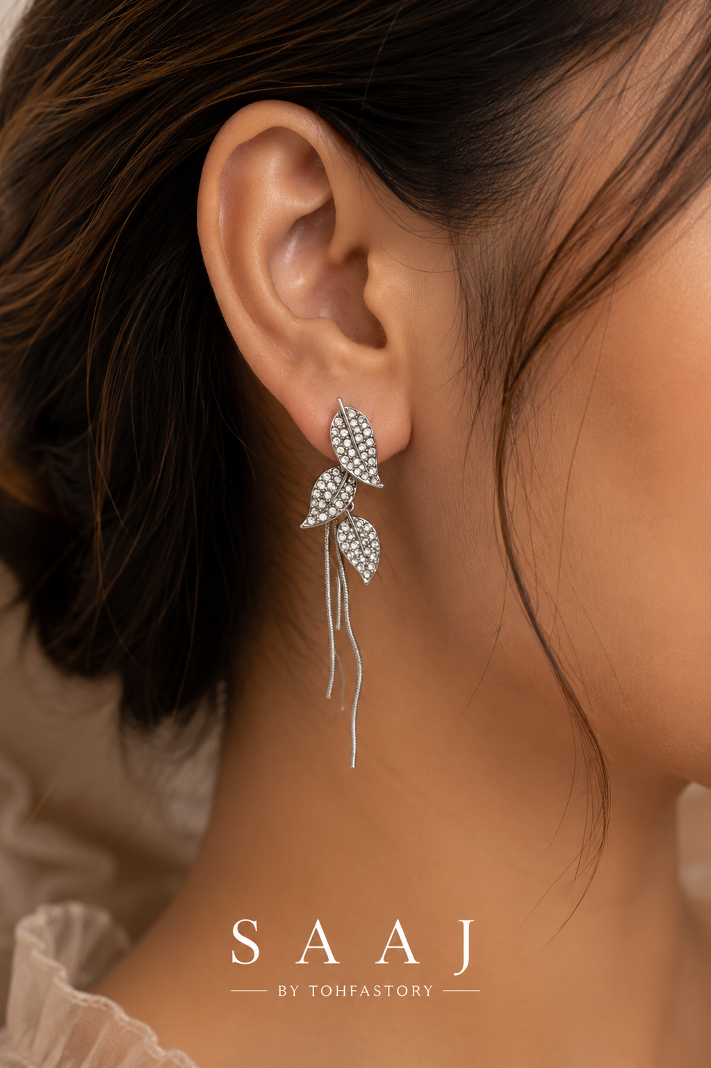 Silver Leaf Crystal Cascade Earrings for Women | SAAJ by TohfaStory
