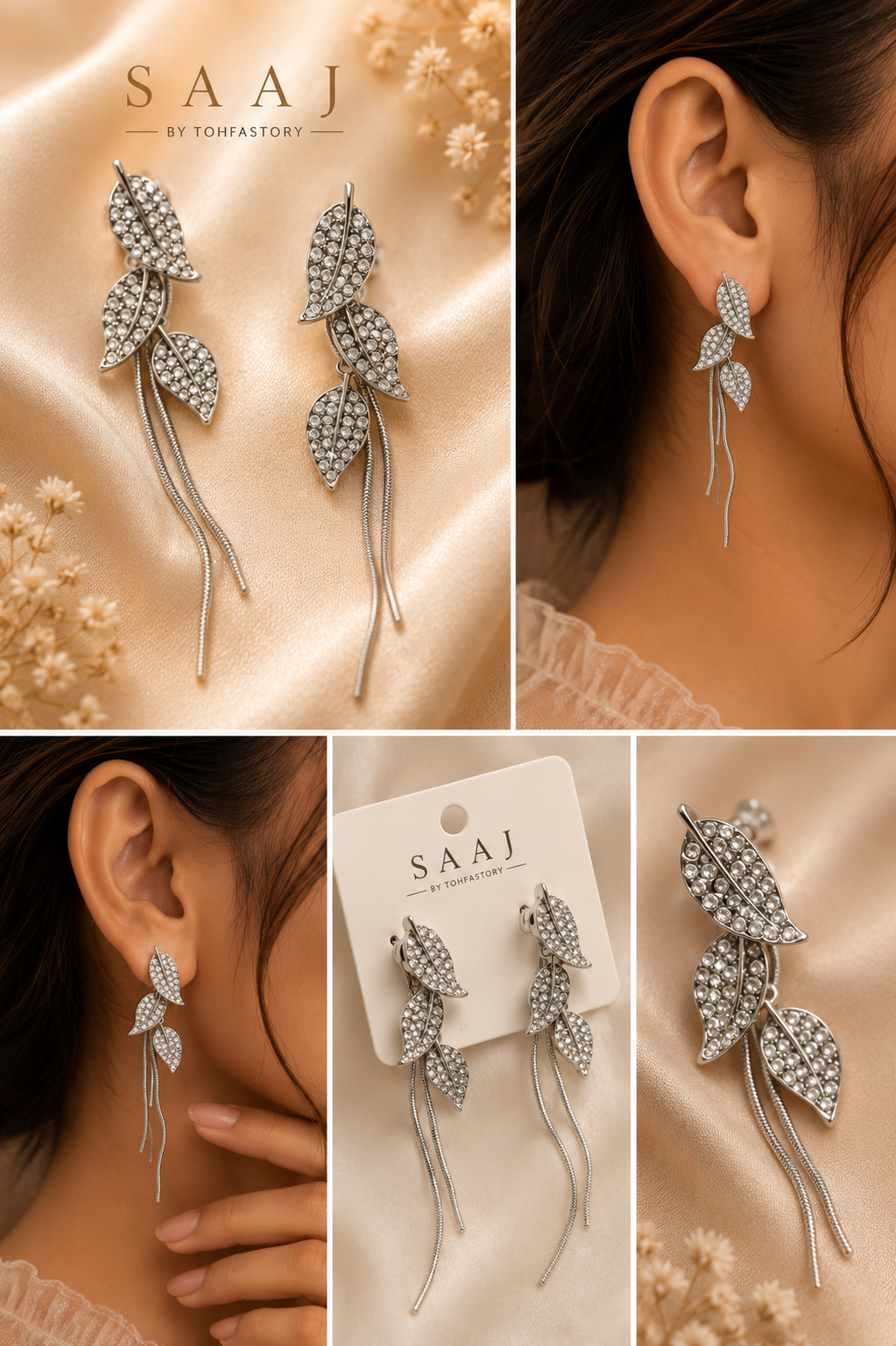 Silver Leaf Crystal Cascade Earrings for Women | SAAJ by TohfaStory