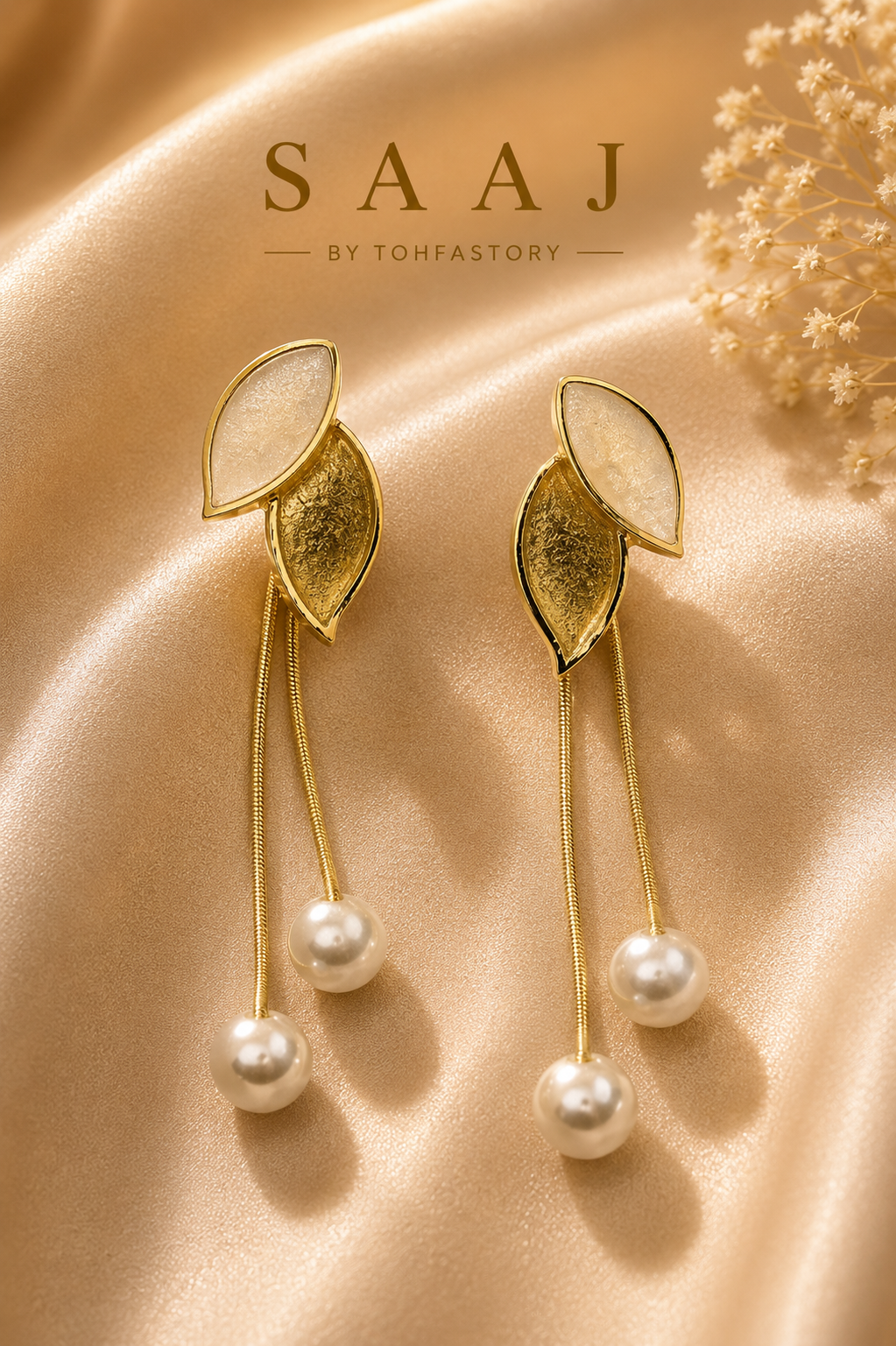 Golden Leaf Pearl Drop Earrings for Women | Elegant Pearl Dangle Earrings | SAAJ by TohfaStory