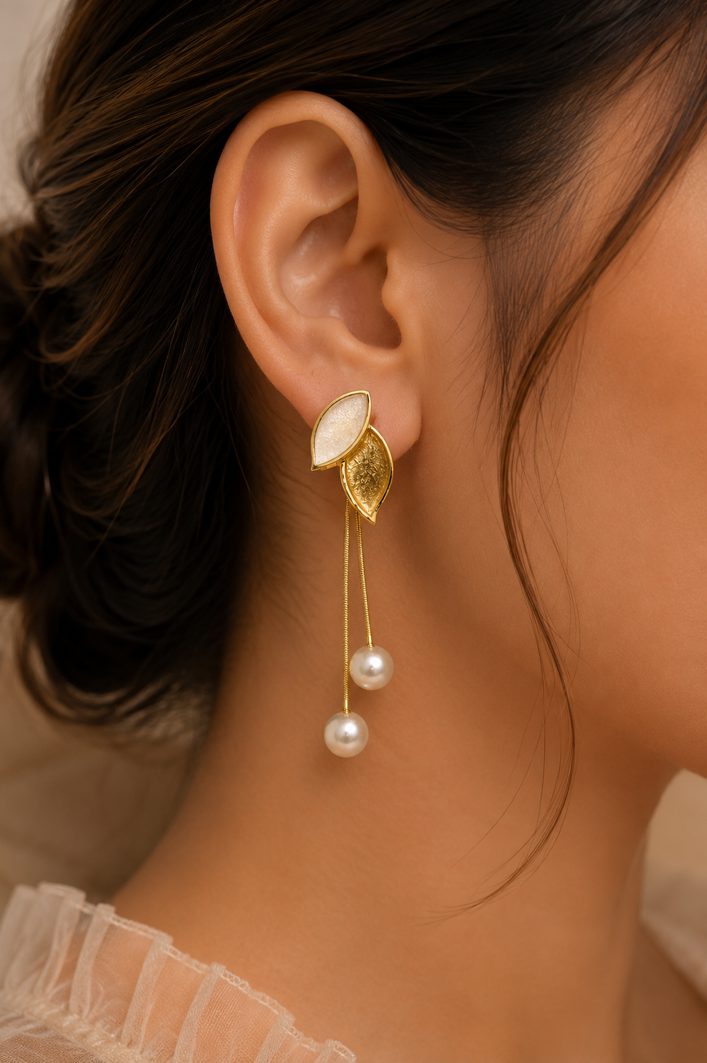 Golden Leaf Pearl Drop Earrings for Women | Elegant Pearl Dangle Earrings | SAAJ by TohfaStory