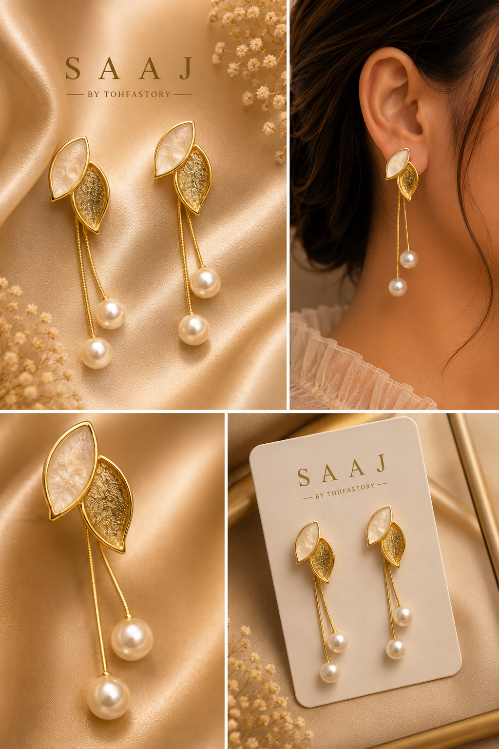 Golden Leaf Pearl Drop Earrings for Women | Elegant Pearl Dangle Earrings | SAAJ by TohfaStory