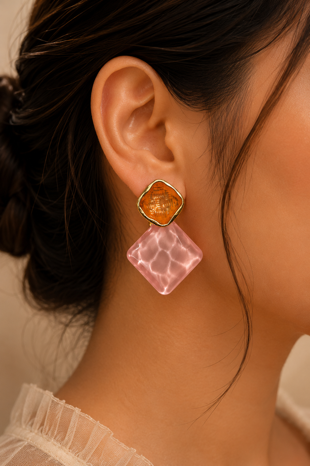 Amber & Blush Geometric Statement Earrings for Women | Contemporary Resin Drop Earrings | SAAJ by TohfaStory