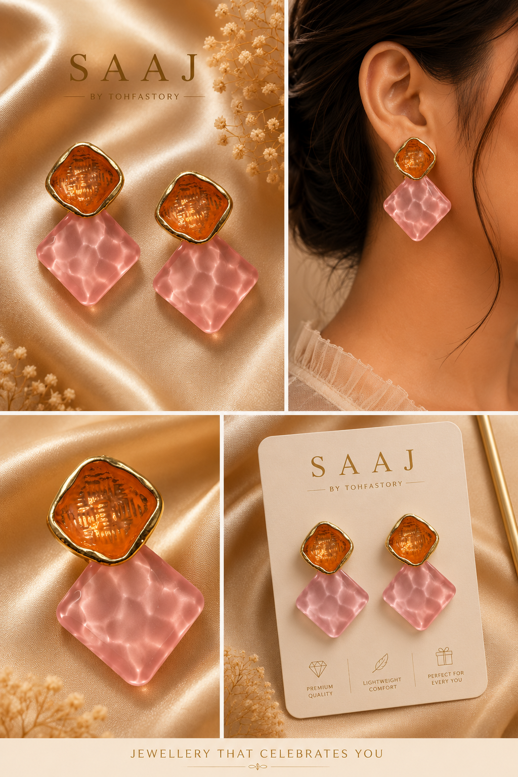 Amber & Blush Geometric Statement Earrings for Women | Contemporary Resin Drop Earrings | SAAJ by TohfaStory