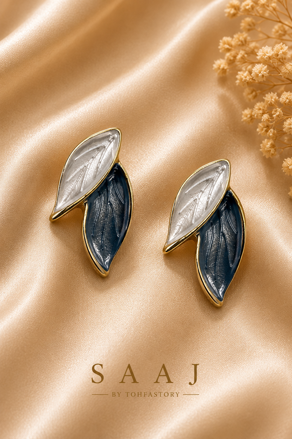 Dual Leaf Pearl White & Midnight Blue Stud Earrings for Women | Elegant Gold Tone Earrings | SAAJ by TohfaStory