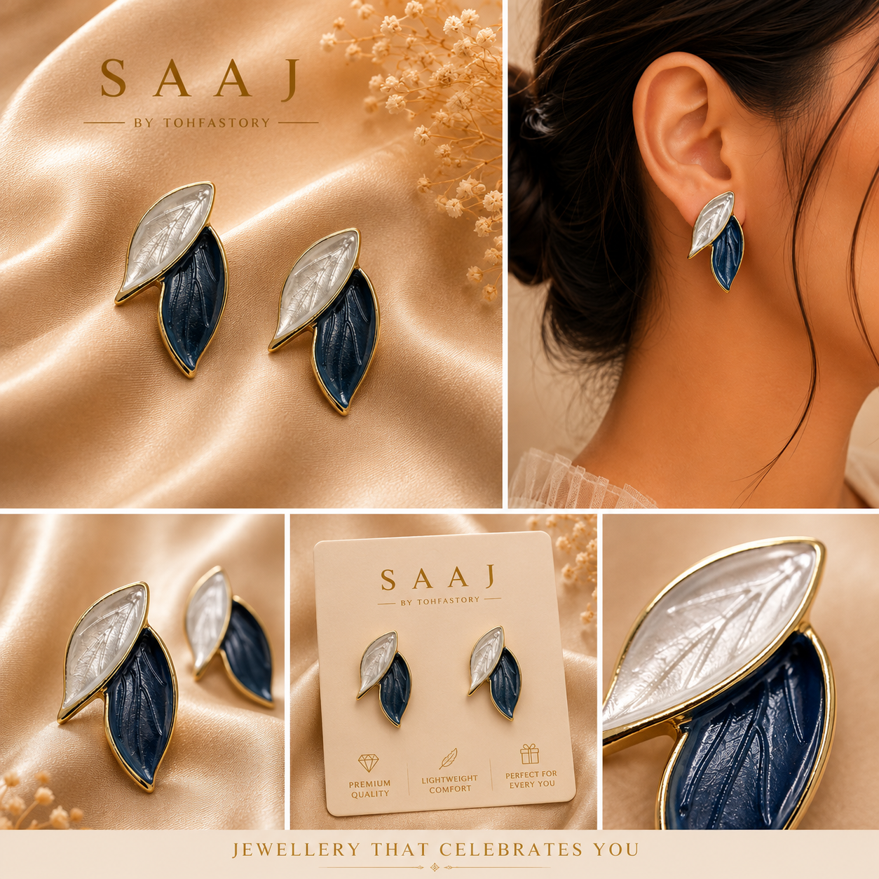 Dual Leaf Pearl White & Midnight Blue Stud Earrings for Women | Elegant Gold Tone Earrings | SAAJ by TohfaStory