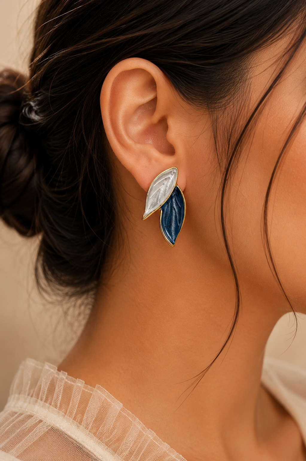 Dual Leaf Pearl White & Midnight Blue Stud Earrings for Women | Elegant Gold Tone Earrings | SAAJ by TohfaStory