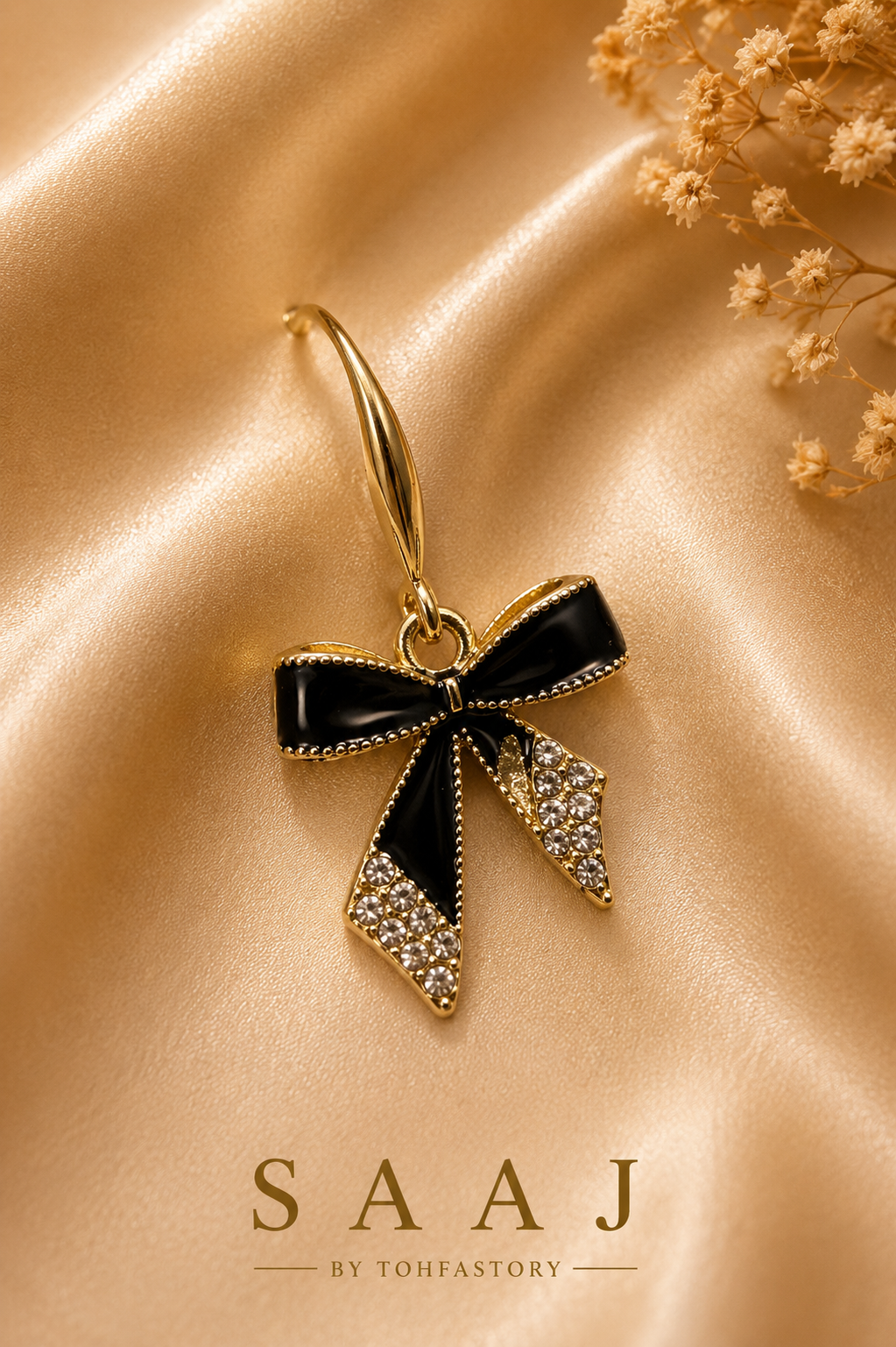 Black Bow Crystal Drop Earrings for Women | Gold Tone Party Earrings | SAAJ by TohfaStory