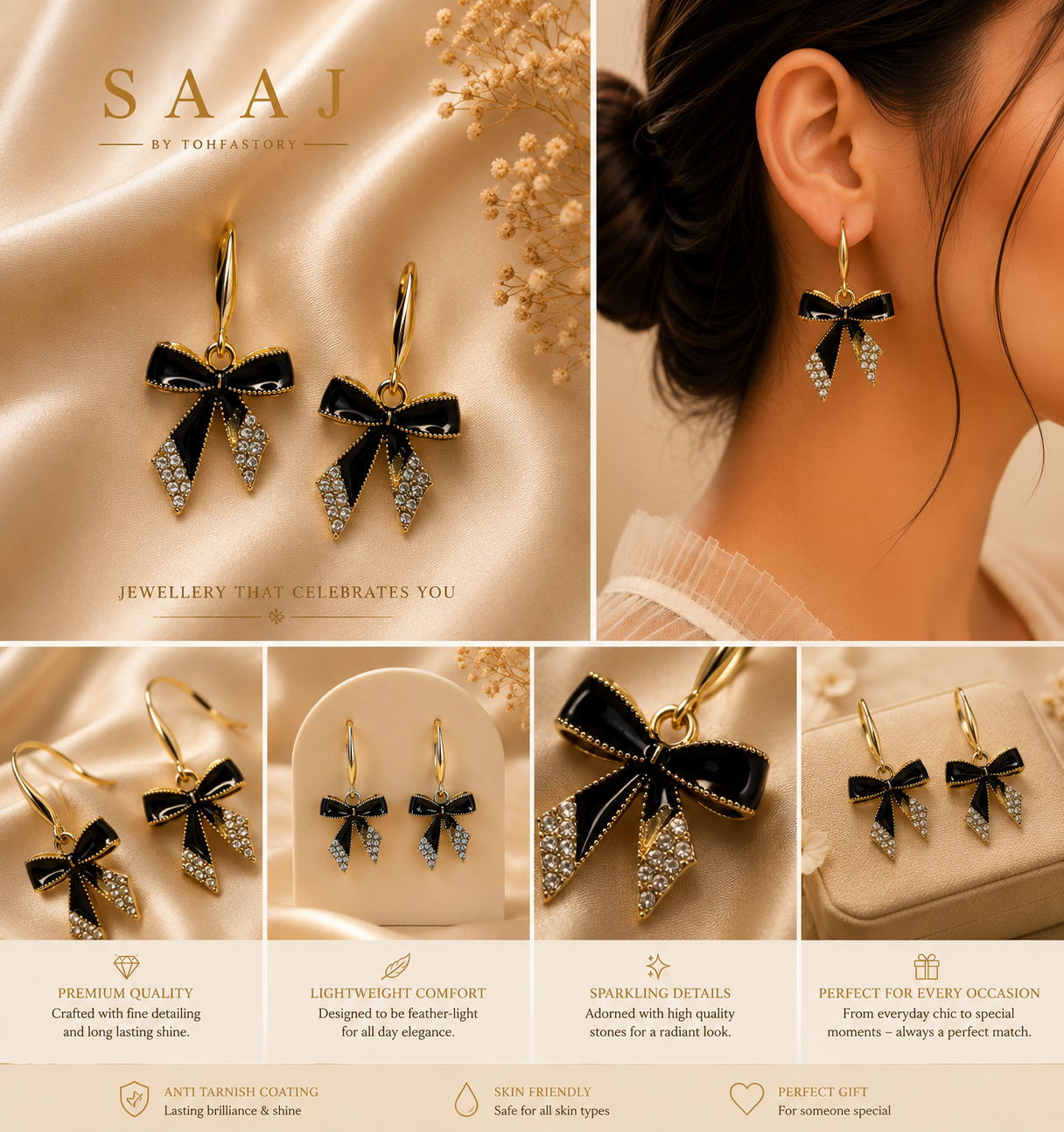 Black Bow Crystal Drop Earrings for Women | Gold Tone Party Earrings | SAAJ by TohfaStory