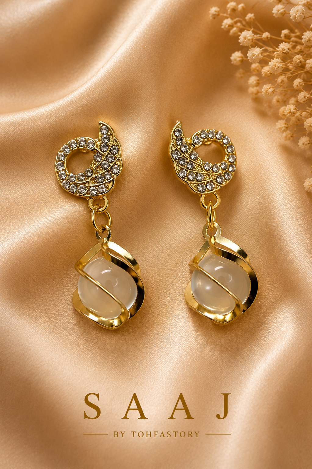 Crystal Halo Pearl Drop Earrings for Women | Gold Tone Pearl Statement Earrings | SAAJ by TohfaStory