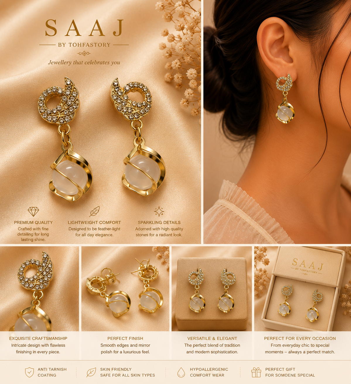 Crystal Halo Pearl Drop Earrings for Women | Gold Tone Pearl Statement Earrings | SAAJ by TohfaStory