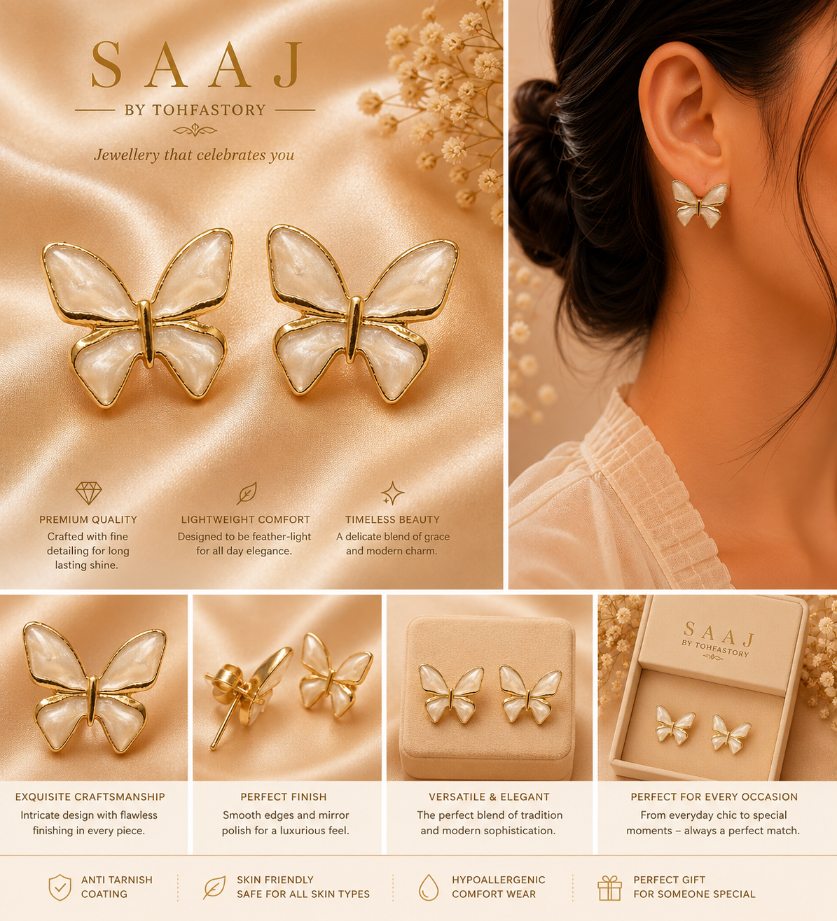 Mother of Pearl Butterfly Stud Earrings for Women | Gold Butterfly Earrings | SAAJ by TohfaStory