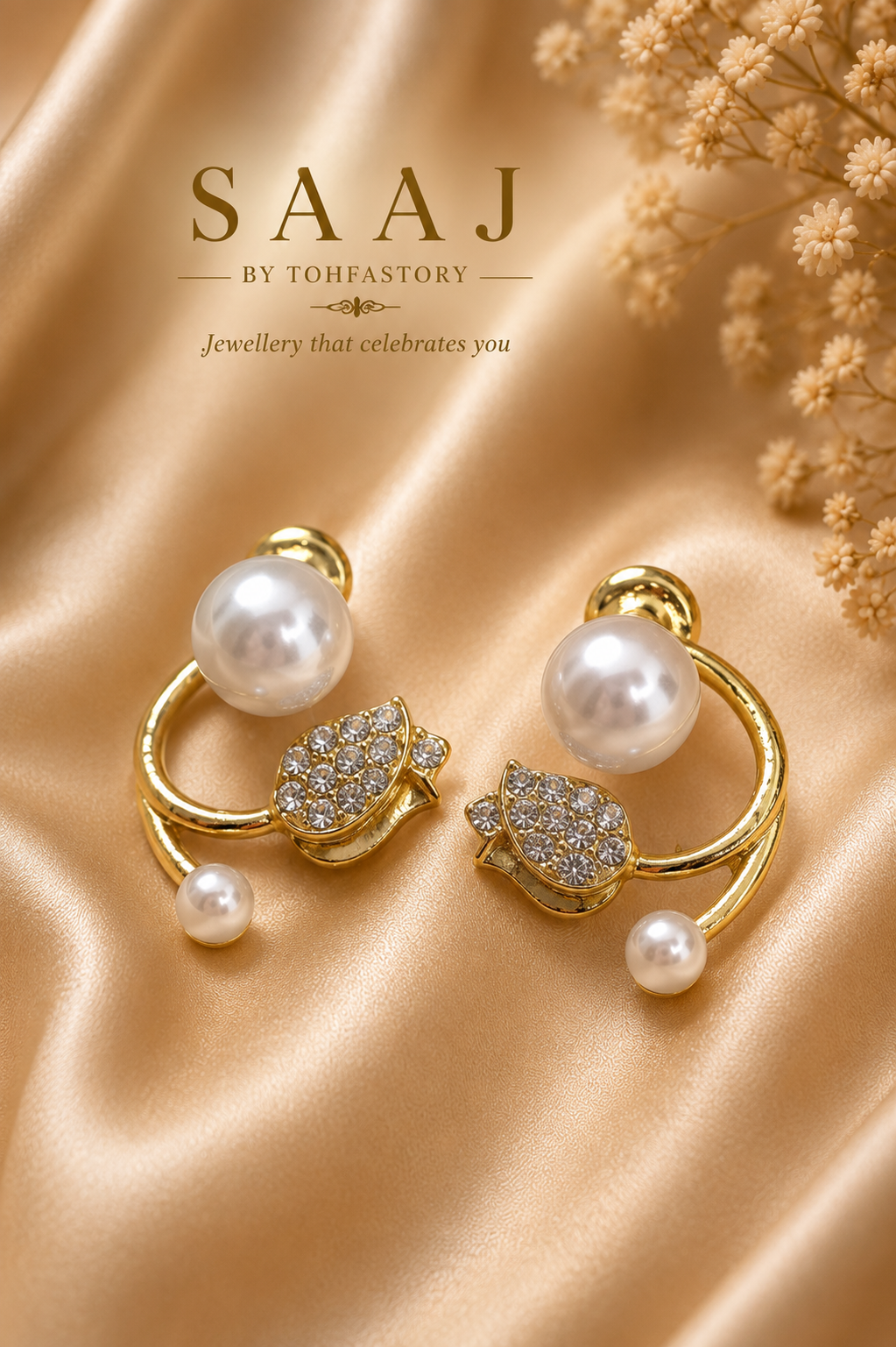 Pearl & Crystal Gold Stud Earrings for Women | Elegant Pearl Earrings | SAAJ by TohfaStory