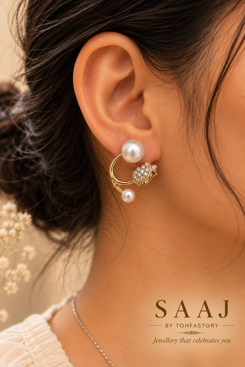 Pearl & Crystal Gold Stud Earrings for Women | Elegant Pearl Earrings | SAAJ by TohfaStory