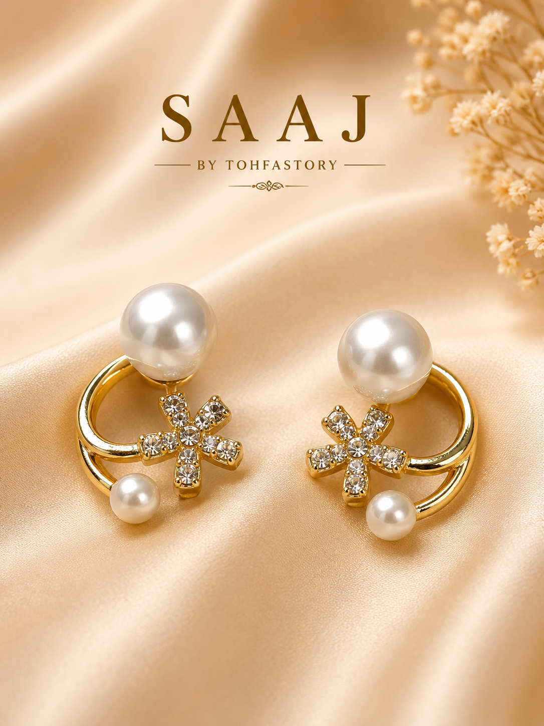 Pearl & Crystal Floral Gold Stud Earrings for Women | Elegant Pearl Earrings | SAAJ by TohfaStory