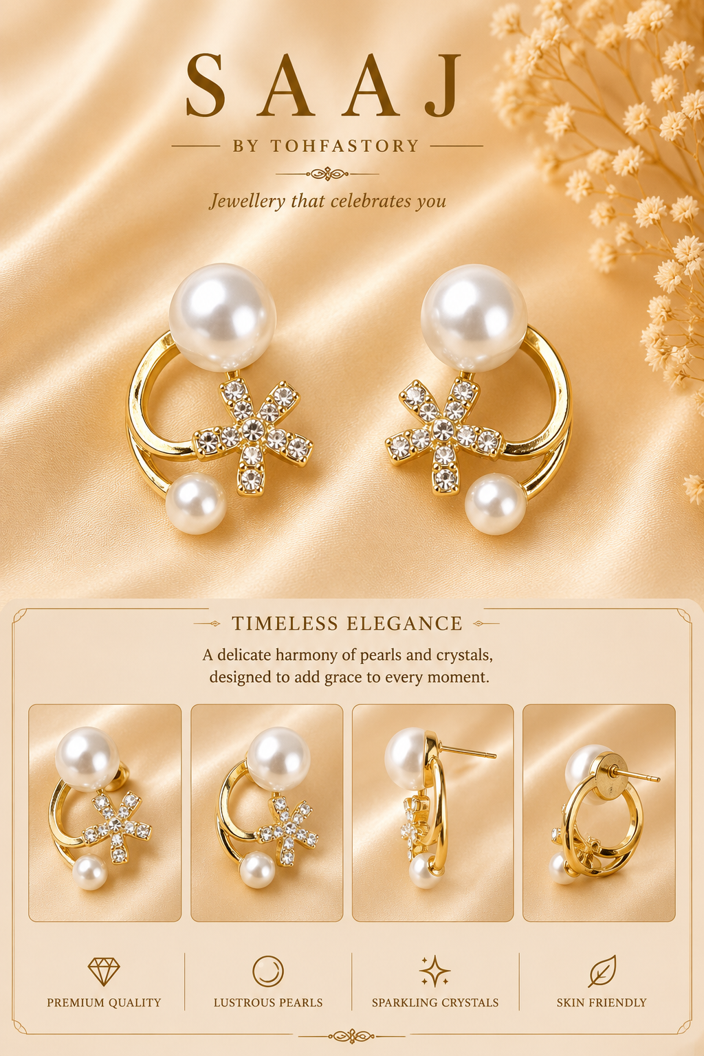 Pearl & Crystal Floral Gold Stud Earrings for Women | Elegant Pearl Earrings | SAAJ by TohfaStory