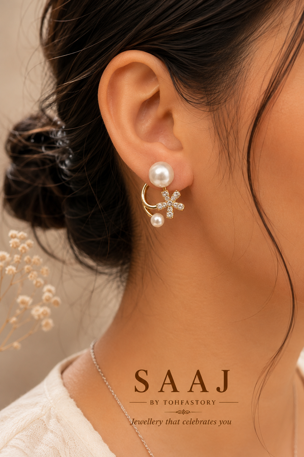 Pearl & Crystal Floral Gold Stud Earrings for Women | Elegant Pearl Earrings | SAAJ by TohfaStory