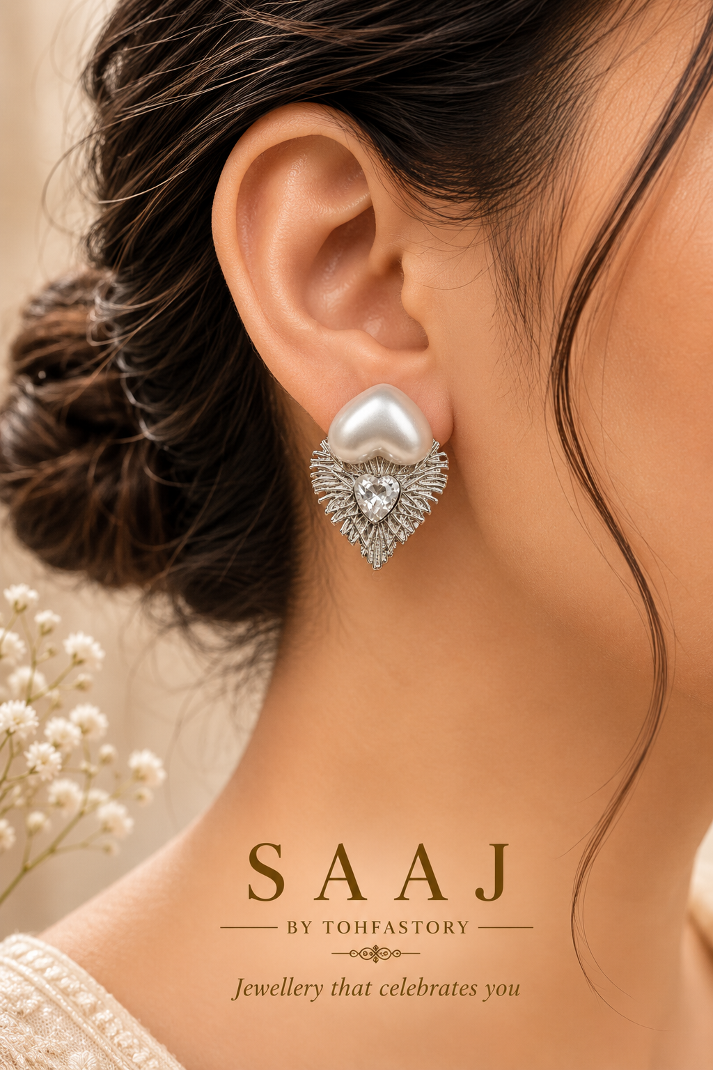 Heart Pearl & Crystal Statement Stud Earrings for Women | Elegant Heart Pearl Earrings | SAAJ by TohfaStory