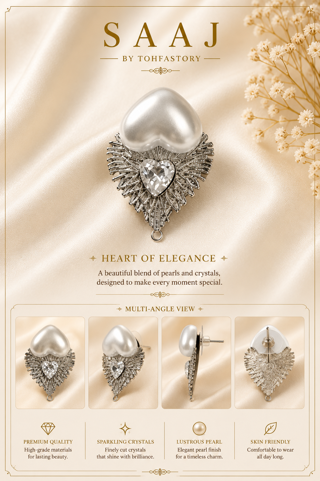Heart Pearl & Crystal Statement Stud Earrings for Women | Elegant Heart Pearl Earrings | SAAJ by TohfaStory