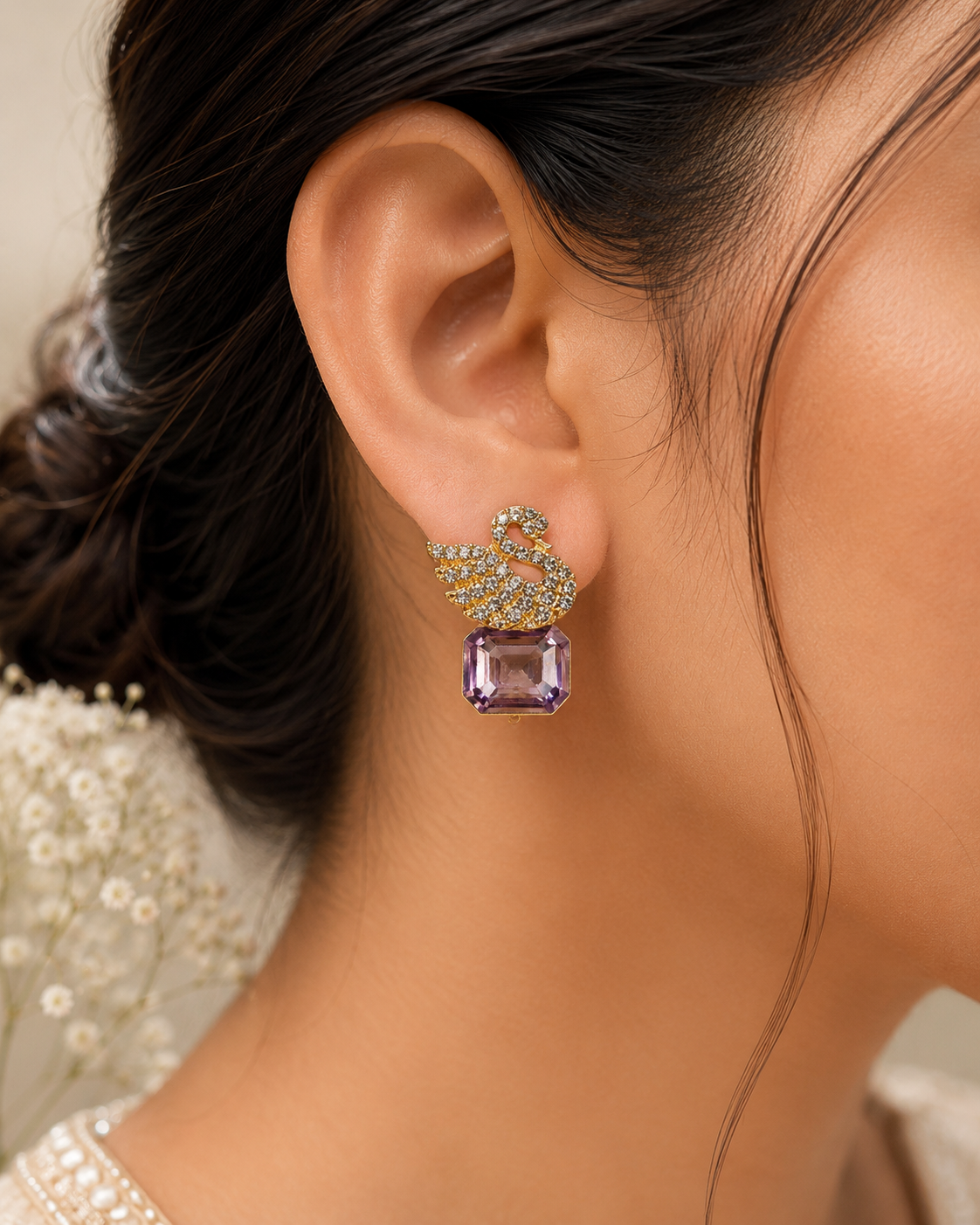 Swan Crystal Lavender Gem Stud Earrings for Women | Elegant Crystal Swan Earrings | SAAJ by TohfaStory