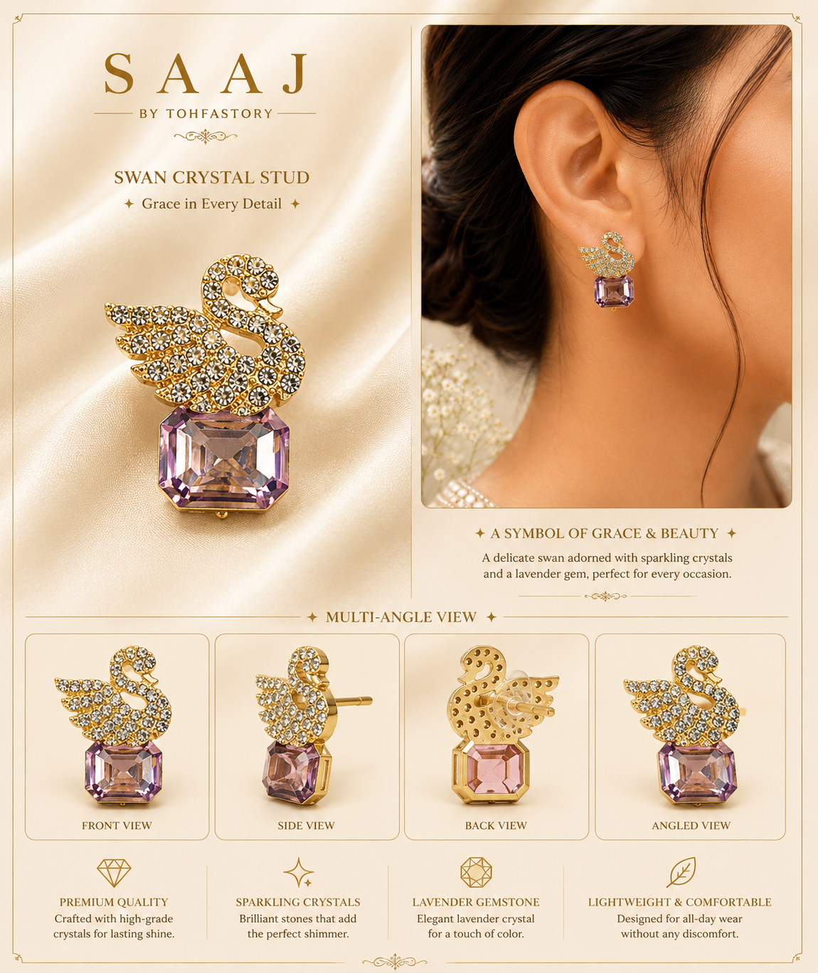 Swan Crystal Lavender Gem Stud Earrings for Women | Elegant Crystal Swan Earrings | SAAJ by TohfaStory