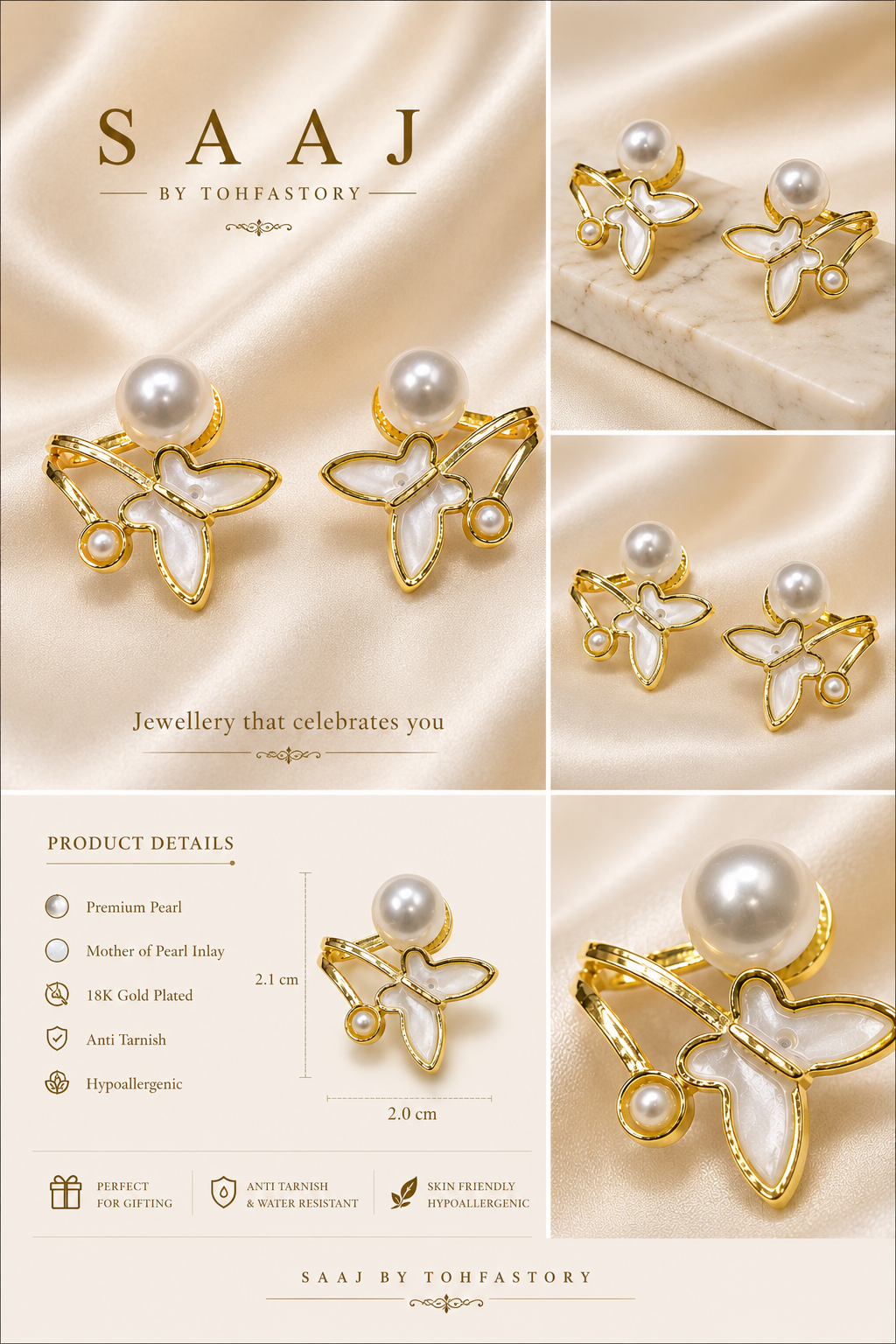 Pearl Butterfly Stud Earrings for Women | Mother of Pearl Butterfly Earrings | Elegant Gold Tone Earrings | SAAJ by TohfaStory