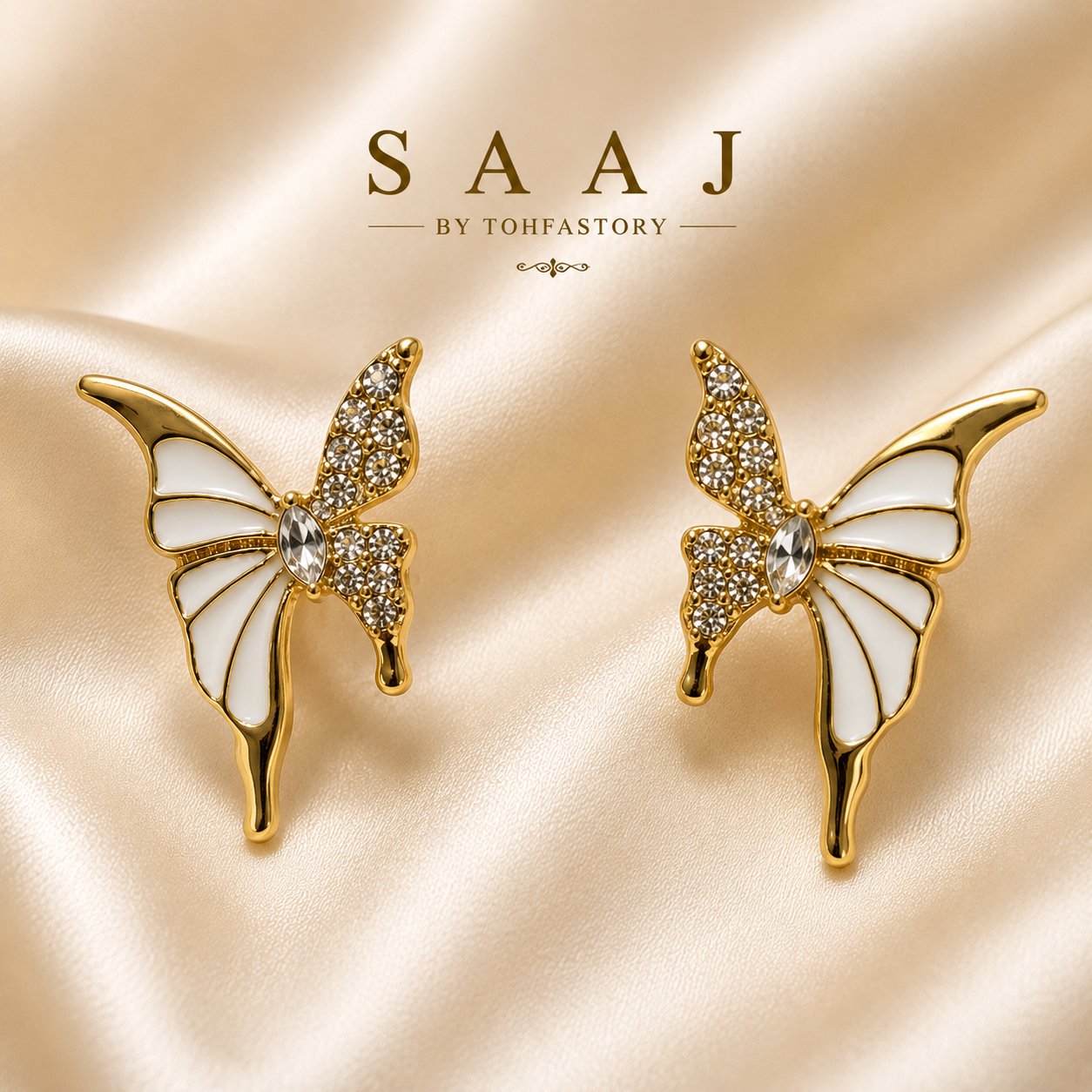 Crystal Butterfly Stud Earrings for Women | White Enamel Gold Butterfly Earrings | Elegant Butterfly Studs | SAAJ by TohfaStory