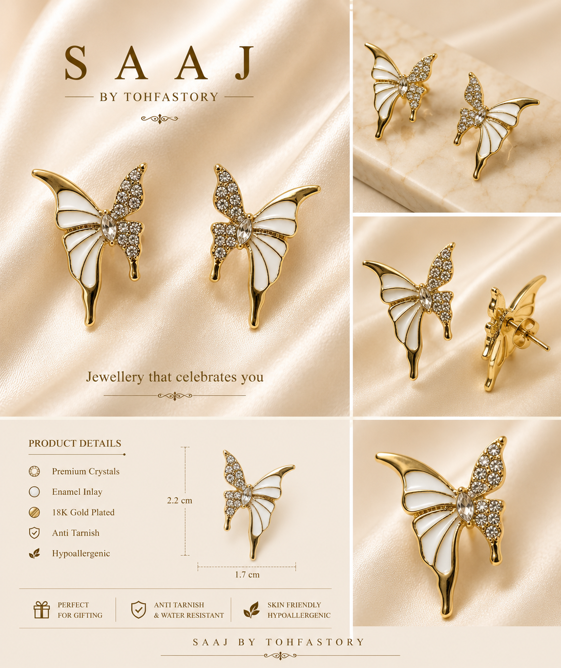 Crystal Butterfly Stud Earrings for Women | White Enamel Gold Butterfly Earrings | Elegant Butterfly Studs | SAAJ by TohfaStory