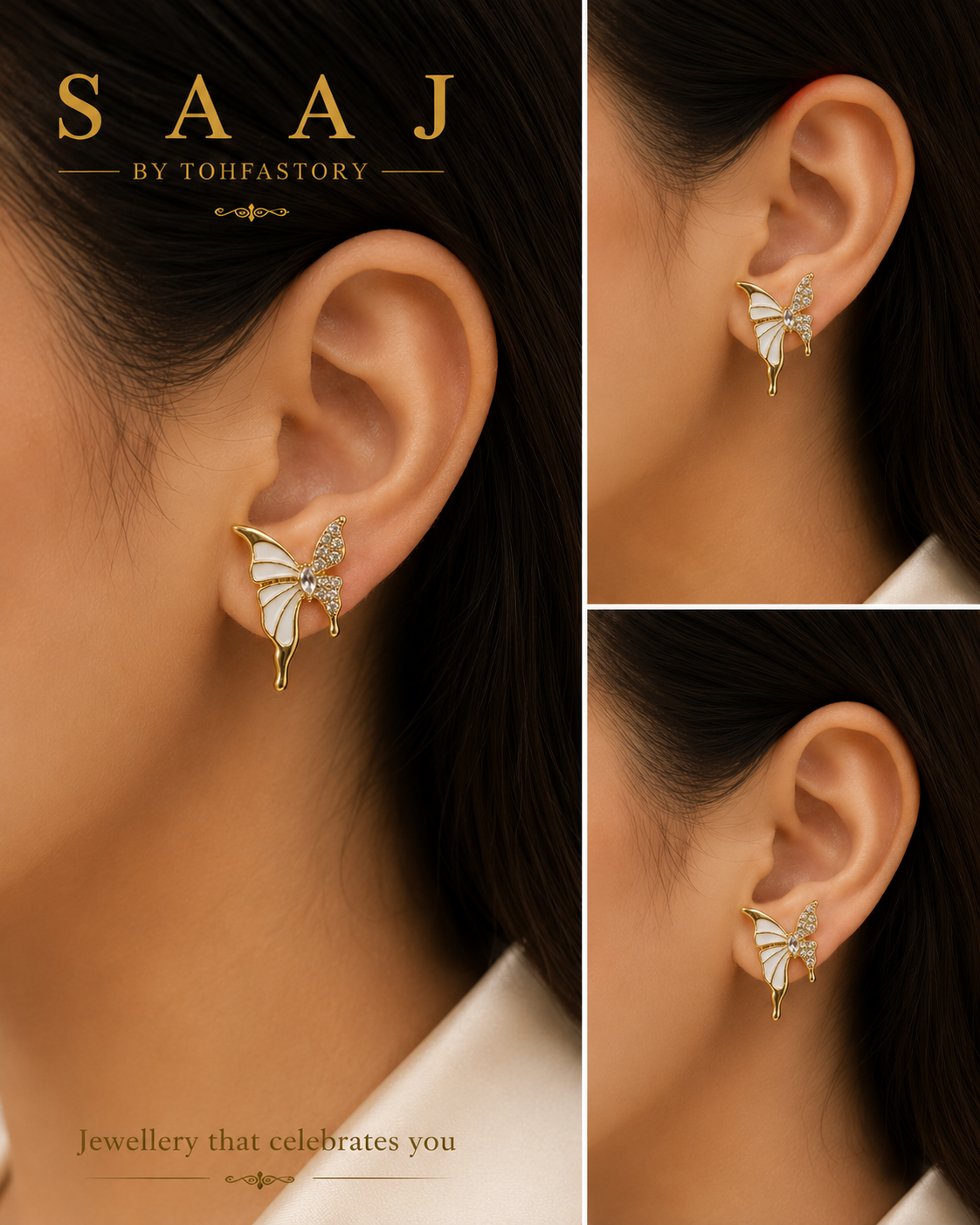 Crystal Butterfly Stud Earrings for Women | White Enamel Gold Butterfly Earrings | Elegant Butterfly Studs | SAAJ by TohfaStory