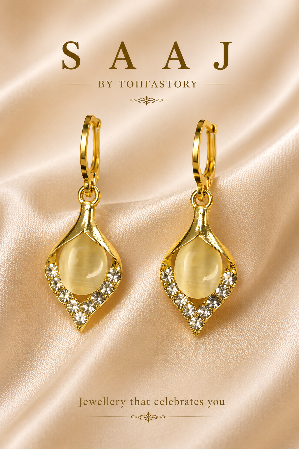 Crystal Drop Hoop Earrings for Women | Gold Teardrop Cat Eye Stone Earrings | Elegant Crystal Hoop Earrings | SAAJ by TohfaStory