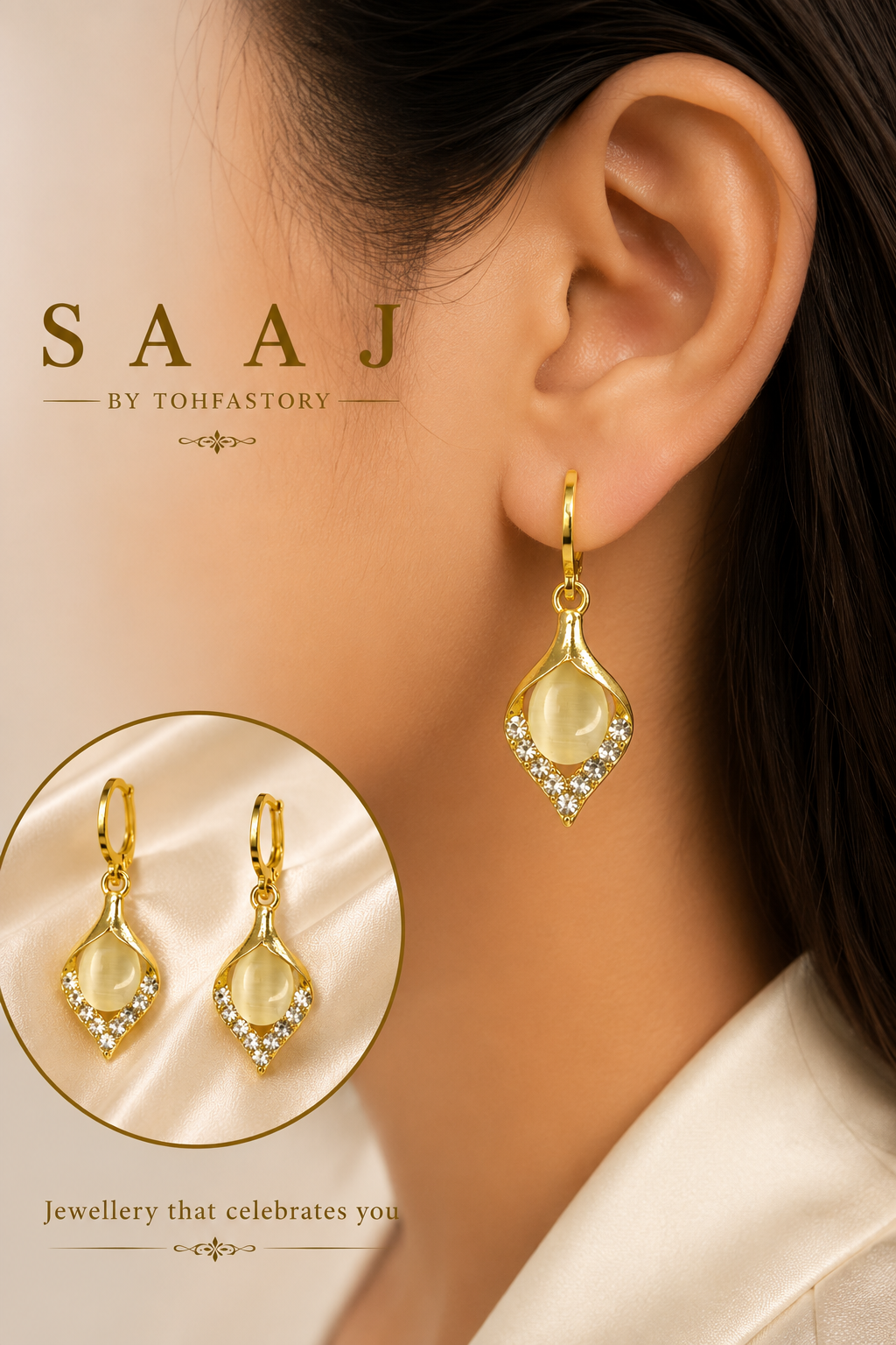 Crystal Drop Hoop Earrings for Women | Gold Teardrop Cat Eye Stone Earrings | Elegant Crystal Hoop Earrings | SAAJ by TohfaStory