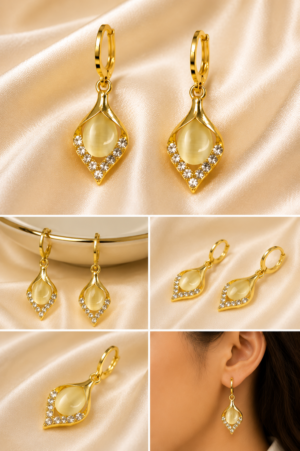 Crystal Drop Hoop Earrings for Women | Gold Teardrop Cat Eye Stone Earrings | Elegant Crystal Hoop Earrings | SAAJ by TohfaStory