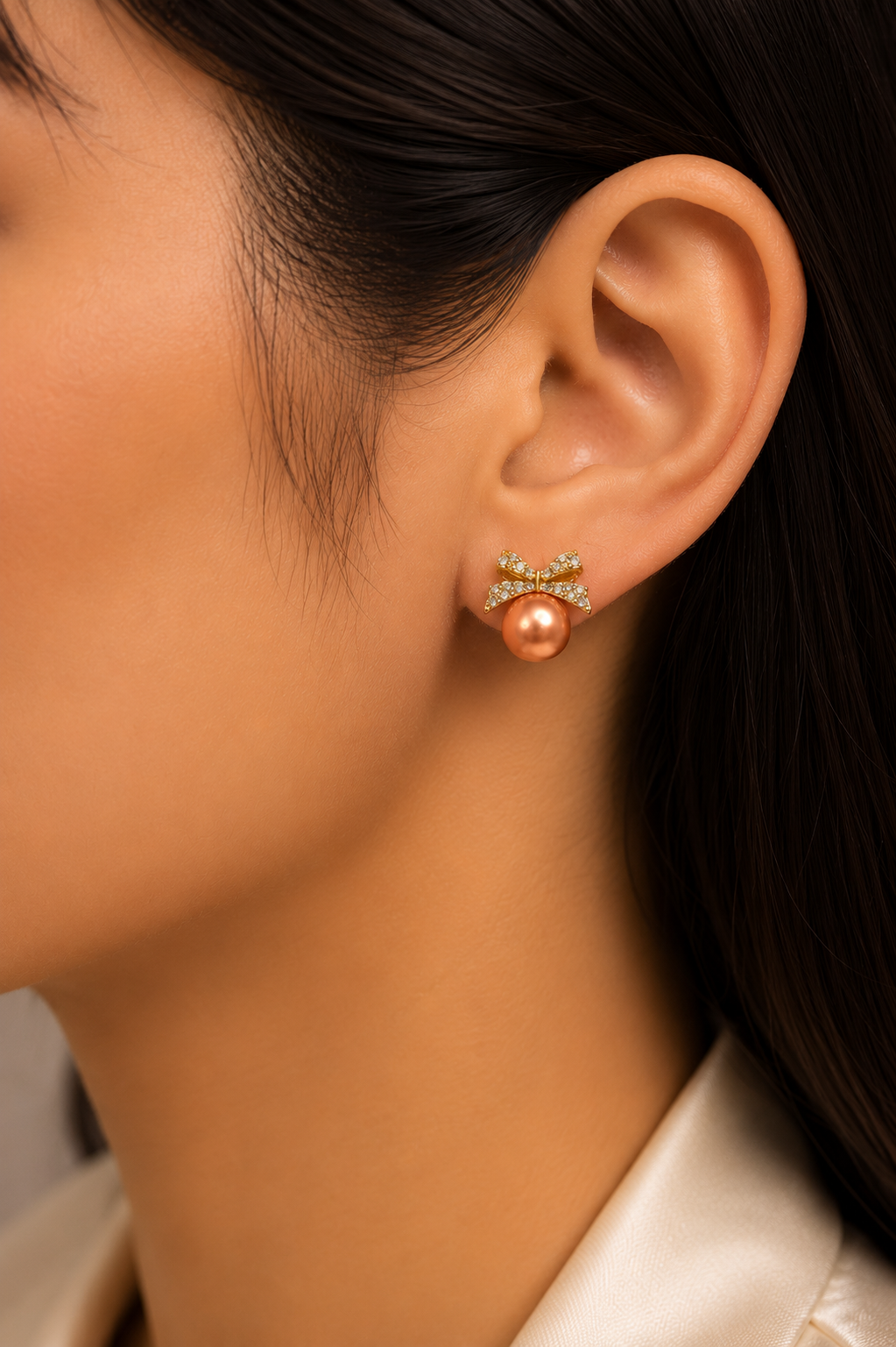 Crystal Bow Pearl Stud Earrings for Women | Gold Bow Pearl Earrings | Elegant Pearl Studs | Party & Wedding Jewellery | SAAJ by TohfaStory