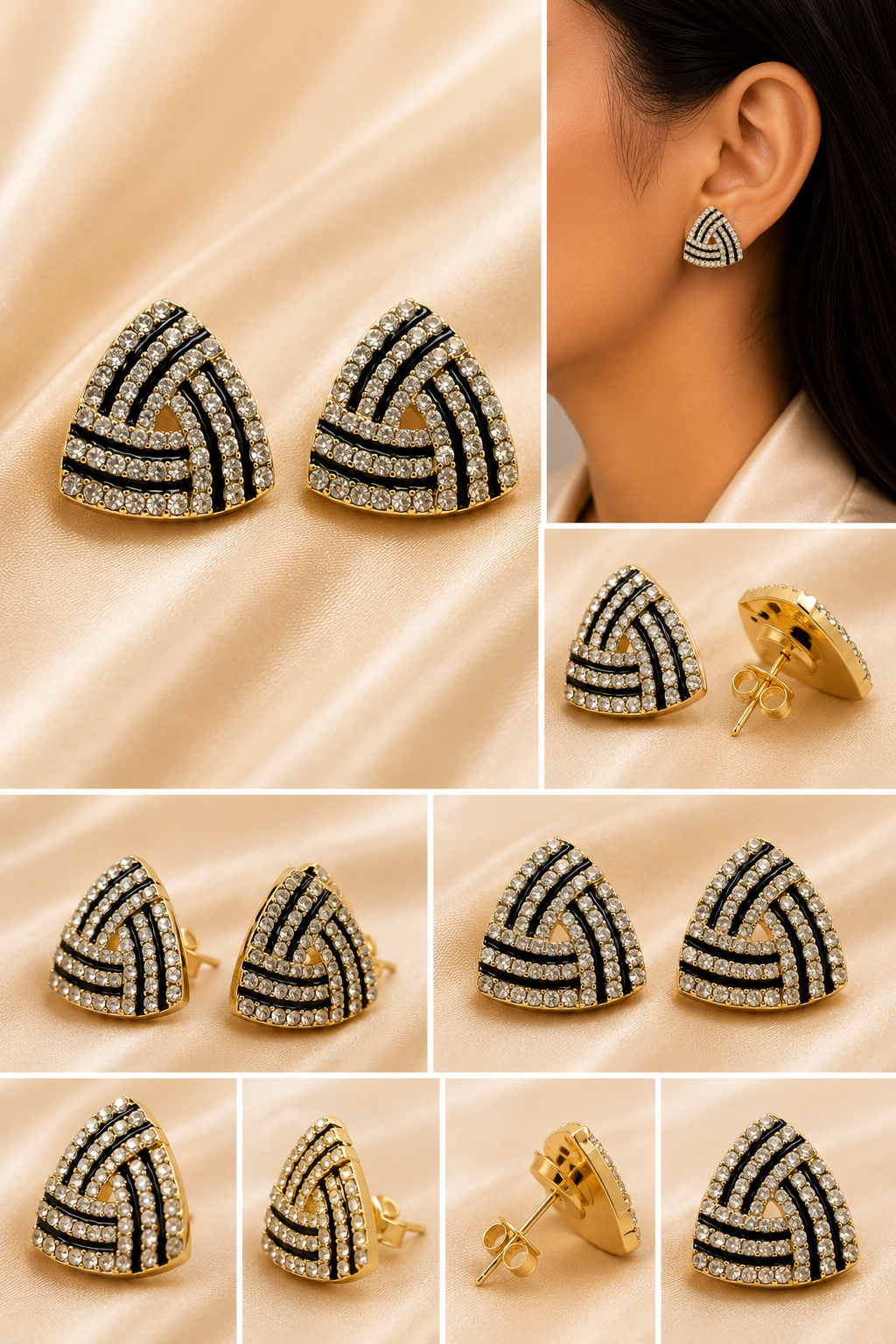 Geometric Crystal Triangle Stud Earrings for Women | Black Enamel Crystal Stud Earrings | Gold Geometric Earrings | Party & Office Wear | SAAJ by TohfaStory