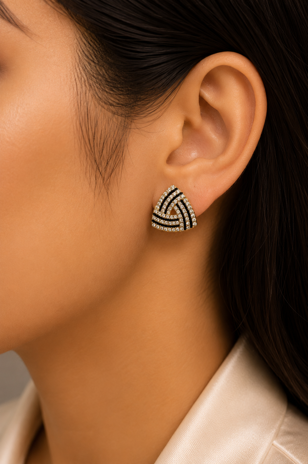 Geometric Crystal Triangle Stud Earrings for Women | Black Enamel Crystal Stud Earrings | Gold Geometric Earrings | Party & Office Wear | SAAJ by TohfaStory