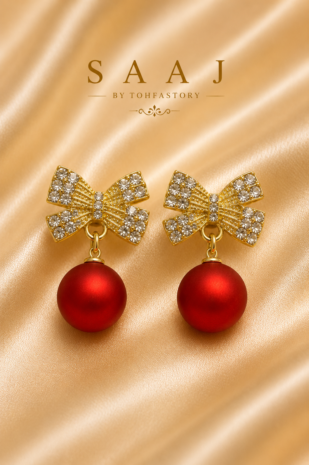 Crystal Bow Pearl Drop Earrings for Women | Red Pearl Gold Bow Stud Earrings | Party Wear Crystal Earrings | Wedding Jewellery | SAAJ by TohfaStory