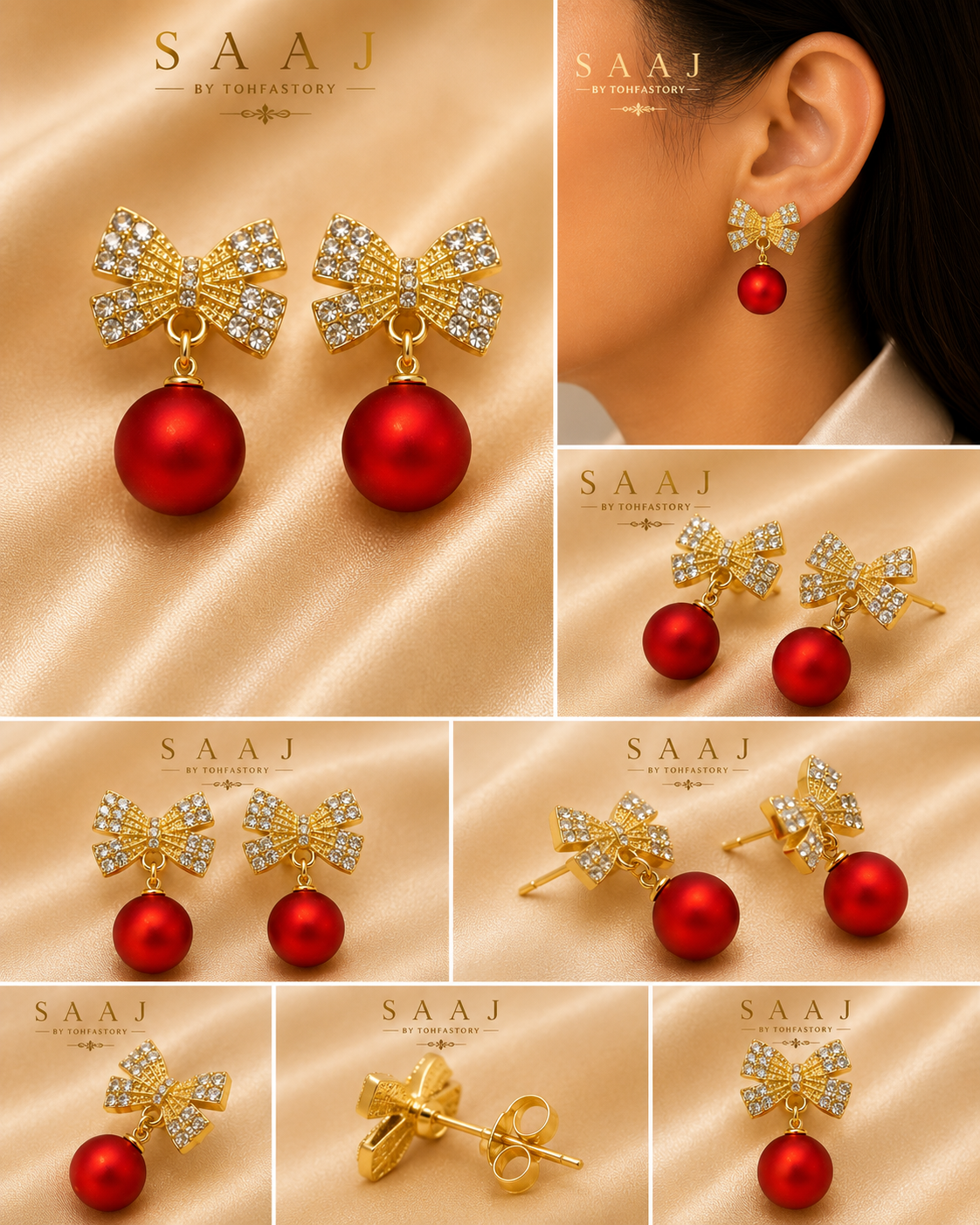 Crystal Bow Pearl Drop Earrings for Women | Red Pearl Gold Bow Stud Earrings | Party Wear Crystal Earrings | Wedding Jewellery | SAAJ by TohfaStory