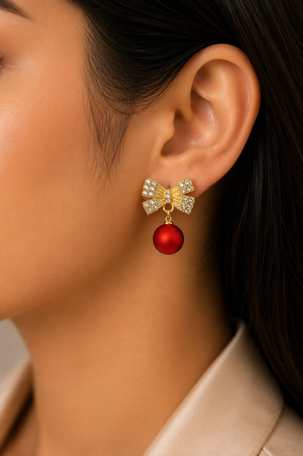 Crystal Bow Pearl Drop Earrings for Women | Red Pearl Gold Bow Stud Earrings | Party Wear Crystal Earrings | Wedding Jewellery | SAAJ by TohfaStory