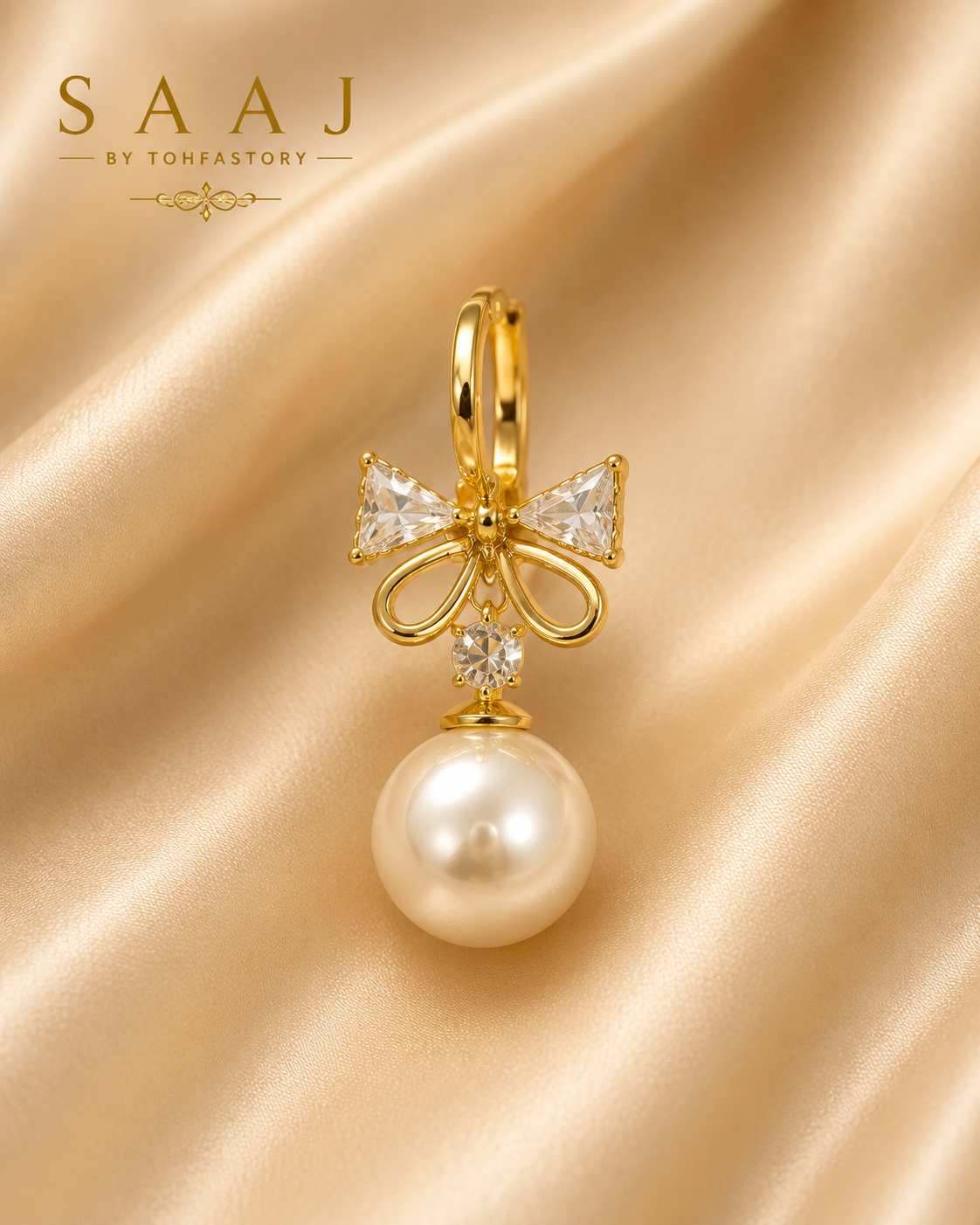 Crystal Bow Pearl Hoop Earrings for Women | Gold Pearl Drop Hoop Earrings | Elegant Bow Earrings | Party Wear Wedding Jewellery | SAAJ by TohfaStory
