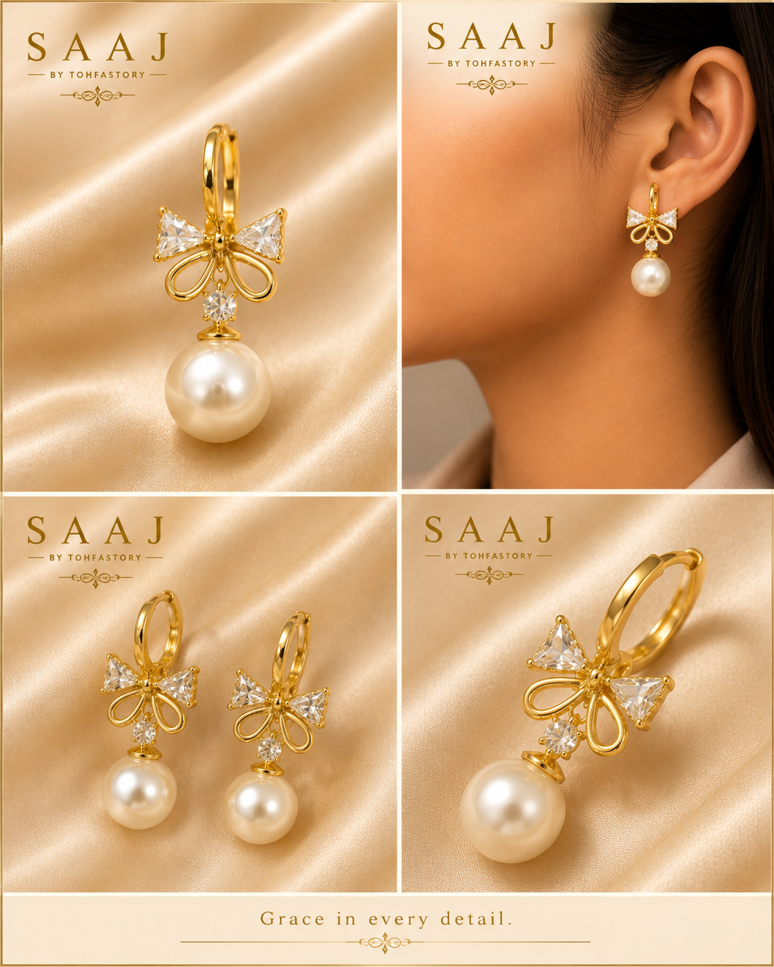 Crystal Bow Pearl Hoop Earrings for Women | Gold Pearl Drop Hoop Earrings | Elegant Bow Earrings | Party Wear Wedding Jewellery | SAAJ by TohfaStory