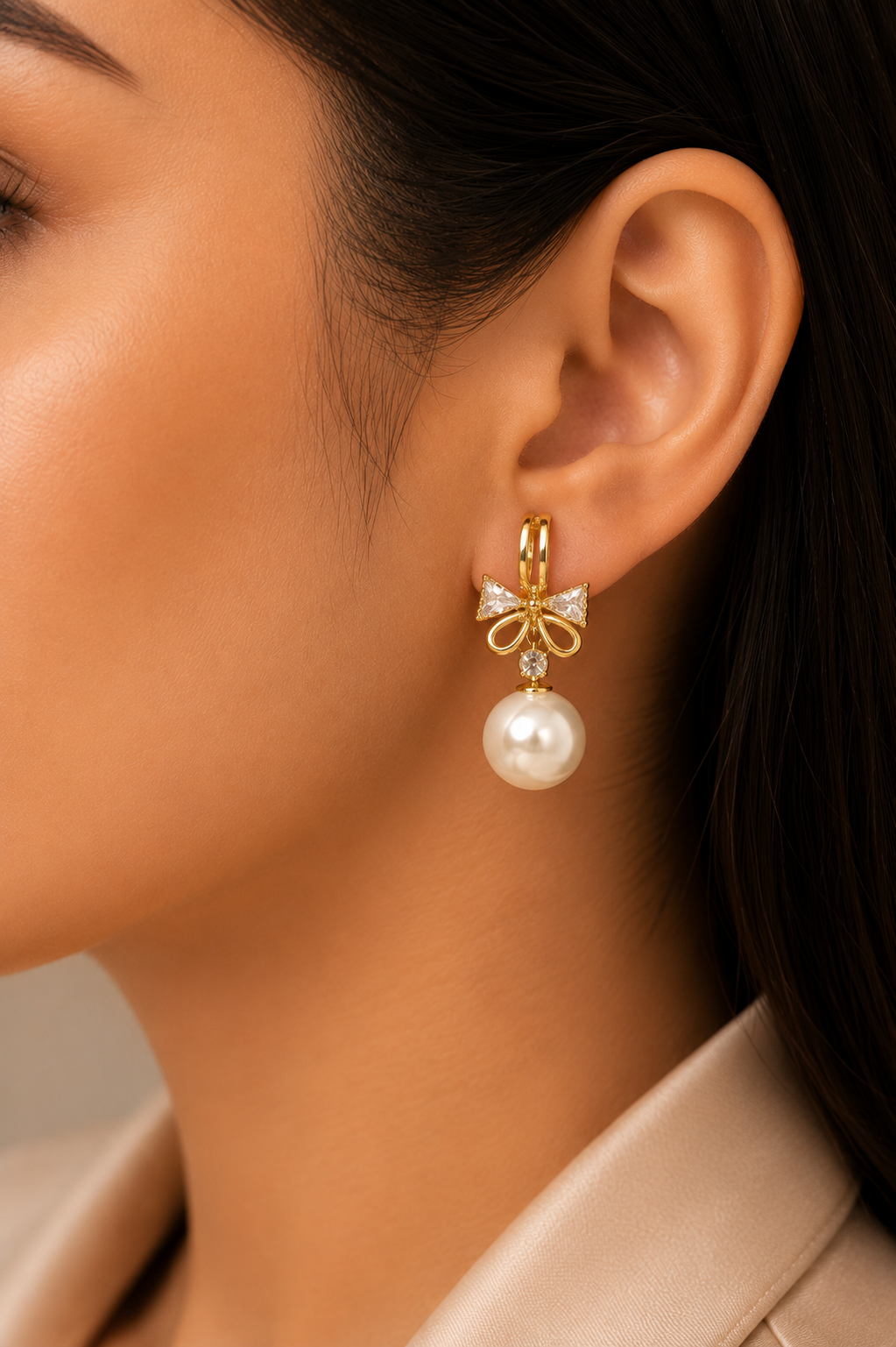 Crystal Bow Pearl Hoop Earrings for Women | Gold Pearl Drop Hoop Earrings | Elegant Bow Earrings | Party Wear Wedding Jewellery | SAAJ by TohfaStory