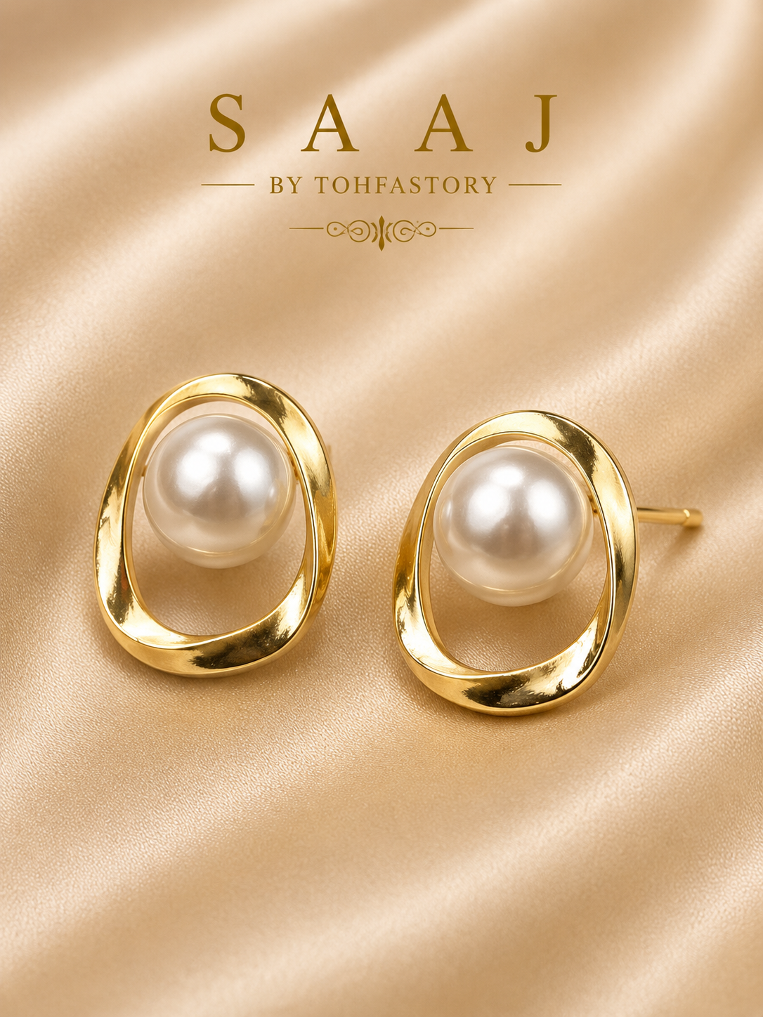 Modern Pearl Oval Stud Earrings for Women | Gold Pearl Stud Earrings | Minimalist Pearl Earrings | Elegant Everyday Jewellery | SAAJ by TohfaStory