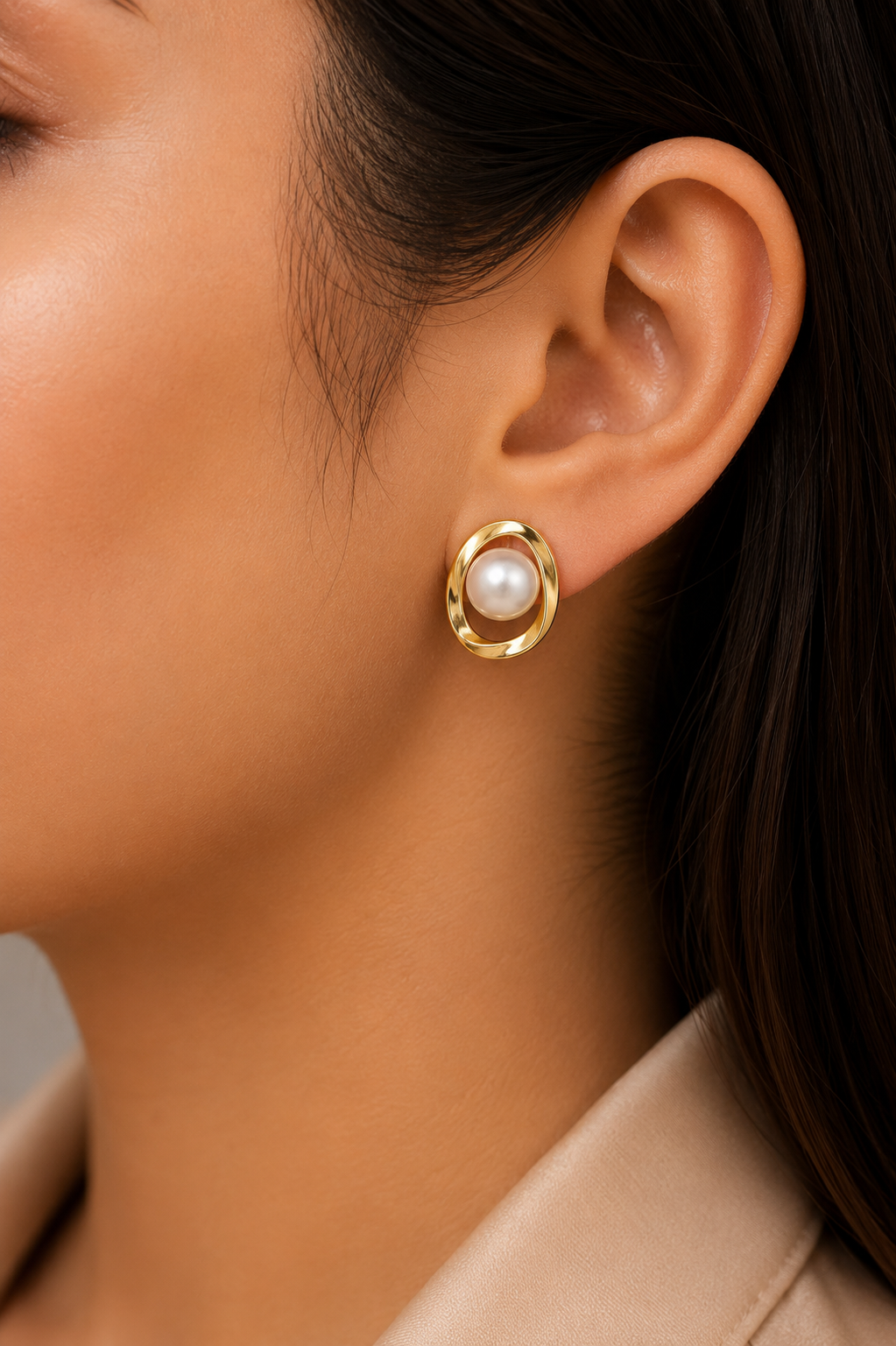 Modern Pearl Oval Stud Earrings for Women | Gold Pearl Stud Earrings | Minimalist Pearl Earrings | Elegant Everyday Jewellery | SAAJ by TohfaStory