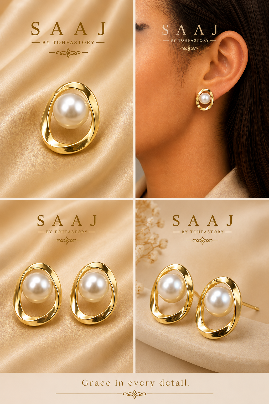 Modern Pearl Oval Stud Earrings for Women | Gold Pearl Stud Earrings | Minimalist Pearl Earrings | Elegant Everyday Jewellery | SAAJ by TohfaStory