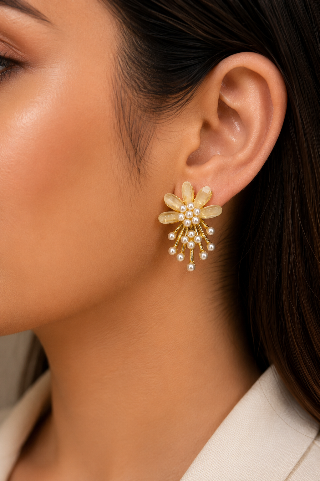 Pearl Bloom Floral Statement Earrings for Women | Gold Flower Pearl Earrings | Elegant Floral Earrings | Wedding & Party Wear Jewellery | SAAJ by TohfaStory